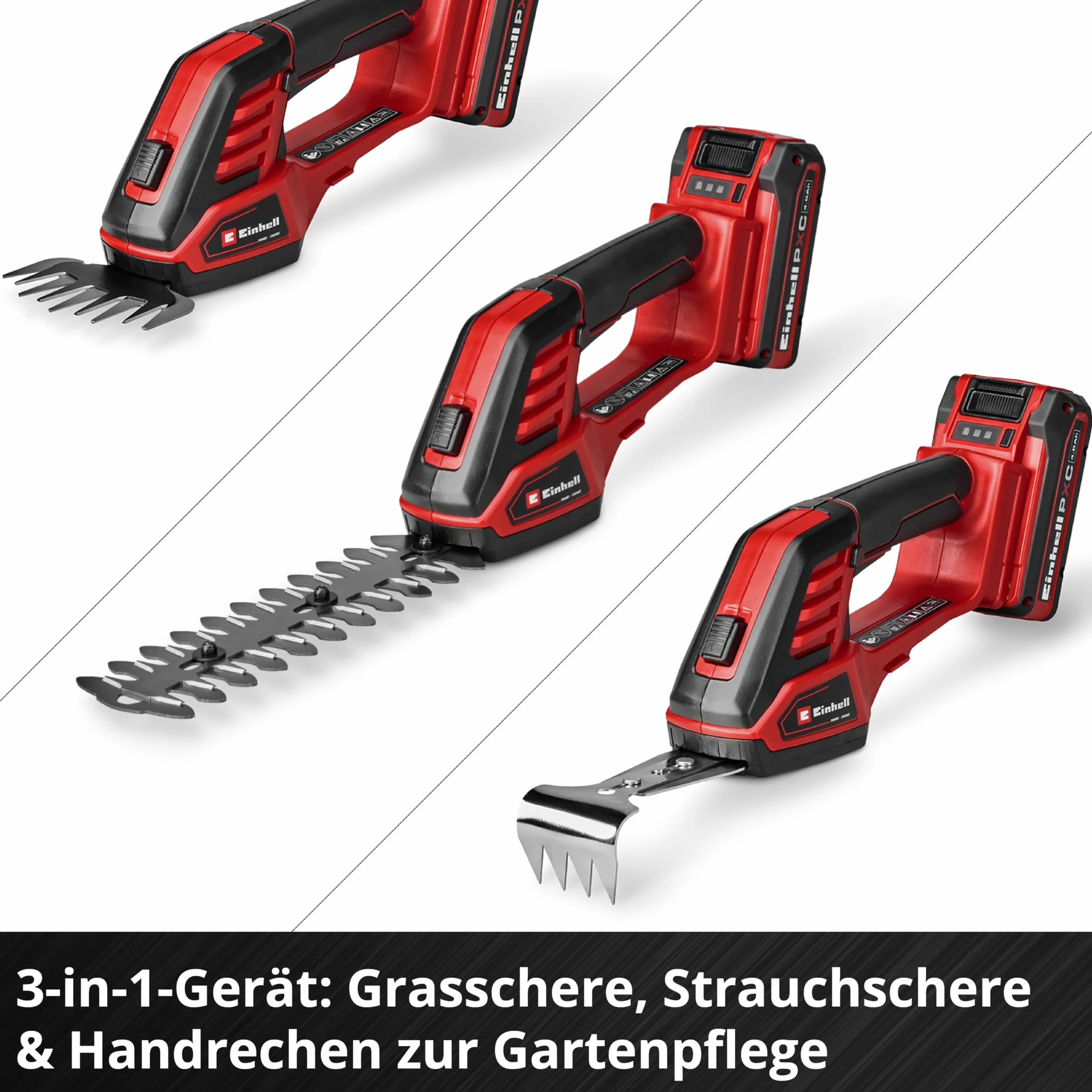 Einhell Akumulatorowe nożyce do trawy/krzewów GE-CG 18/100 Li - 3 w 1-Solo Power X-Change (18 V, w zestawie nóż do cięcia trawy 100 mm, nóż do cięcia krzewów 200 mm, nasadka do grabienia, bez