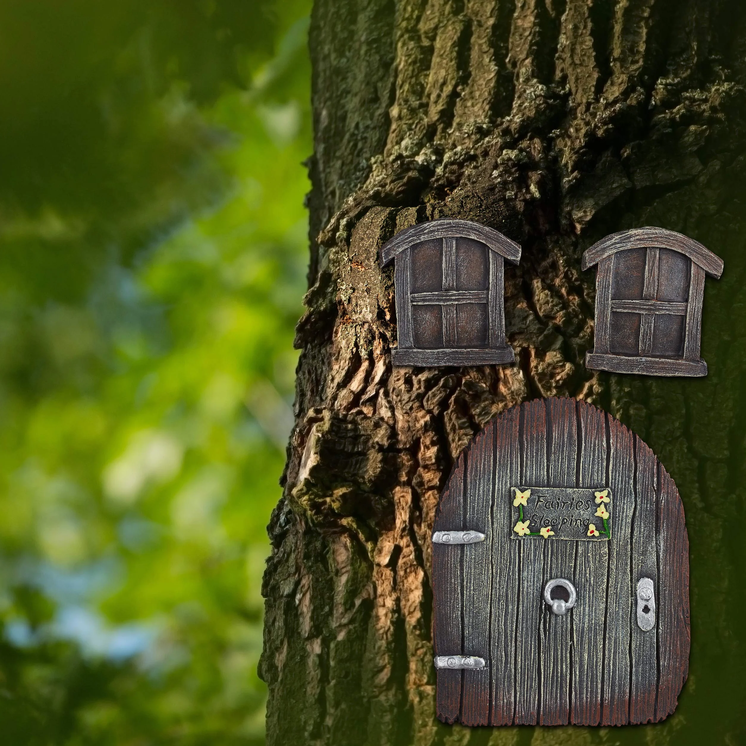 Relaxdays Wróżka do ogrodu, 3-częściowy, okno wróżki, dekoracja pnia drzewa, odporna na warunki atmosferyczne, dekoracja drzewa do zawieszenia, kolor brązowy