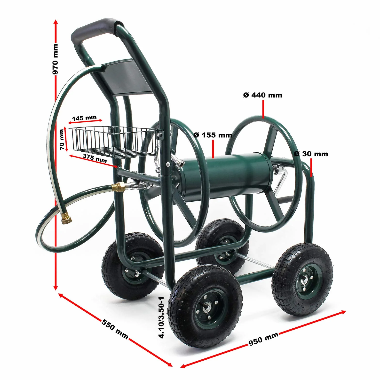 Wózek z bębnem na wąż Wiltec bez węża, bęben na wąż ogrodowy 3/4" (19 mm) do 70 m, z oponą Ø 25 cm Wózek z bębnem na wąż ogrodowy, bęben na wąż ogrodowy
