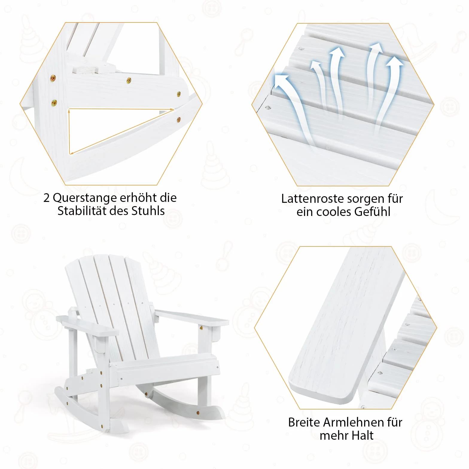 COSTWAY Adirondack krzesło bujane dla dzieci, fotel ogrodowy z drewna, fotel bujany, meble dziecięce na balkon, do ogrodu, na podwórko (kolor biały)