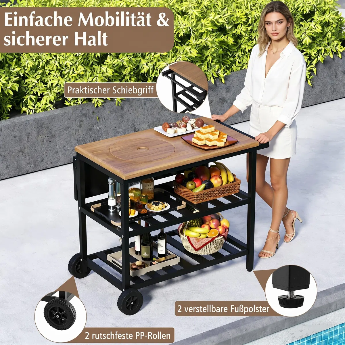 COSTWAY Grill na kółkach, stół grillowy na kółkach, składany stół boczny, powierzchnia robocza o wyglądzie drewna i 2 półki, metal, na taras, 94,5 x 75 x 78,5 cm, brązowy