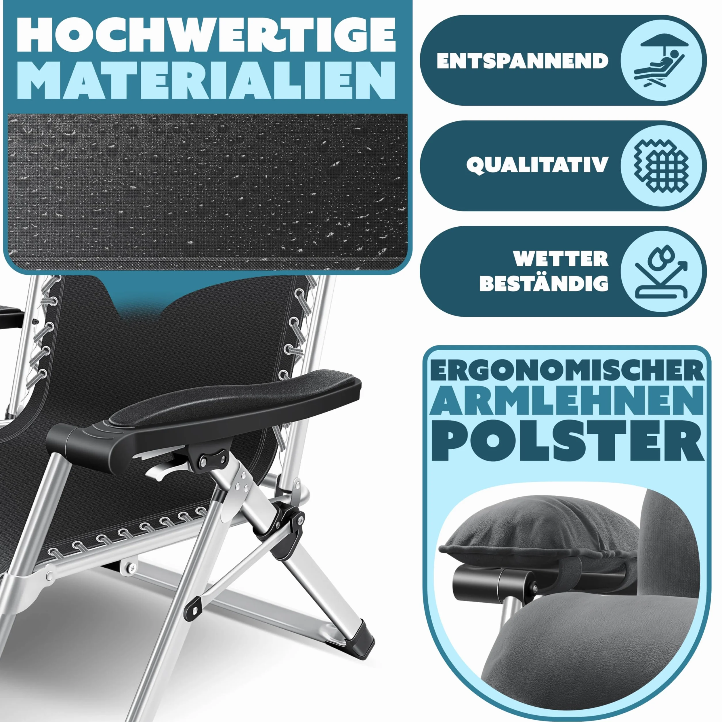 KESSER® Leżak słoneczny Fotel leżący, Leżak ogrodowy bardzo szeroki i odporny na warunki atmosferyczne, Wytrzymałość 200 kg, Ergonomiczna poduszka regulowane oparcie w zestawie poduszka pod kark