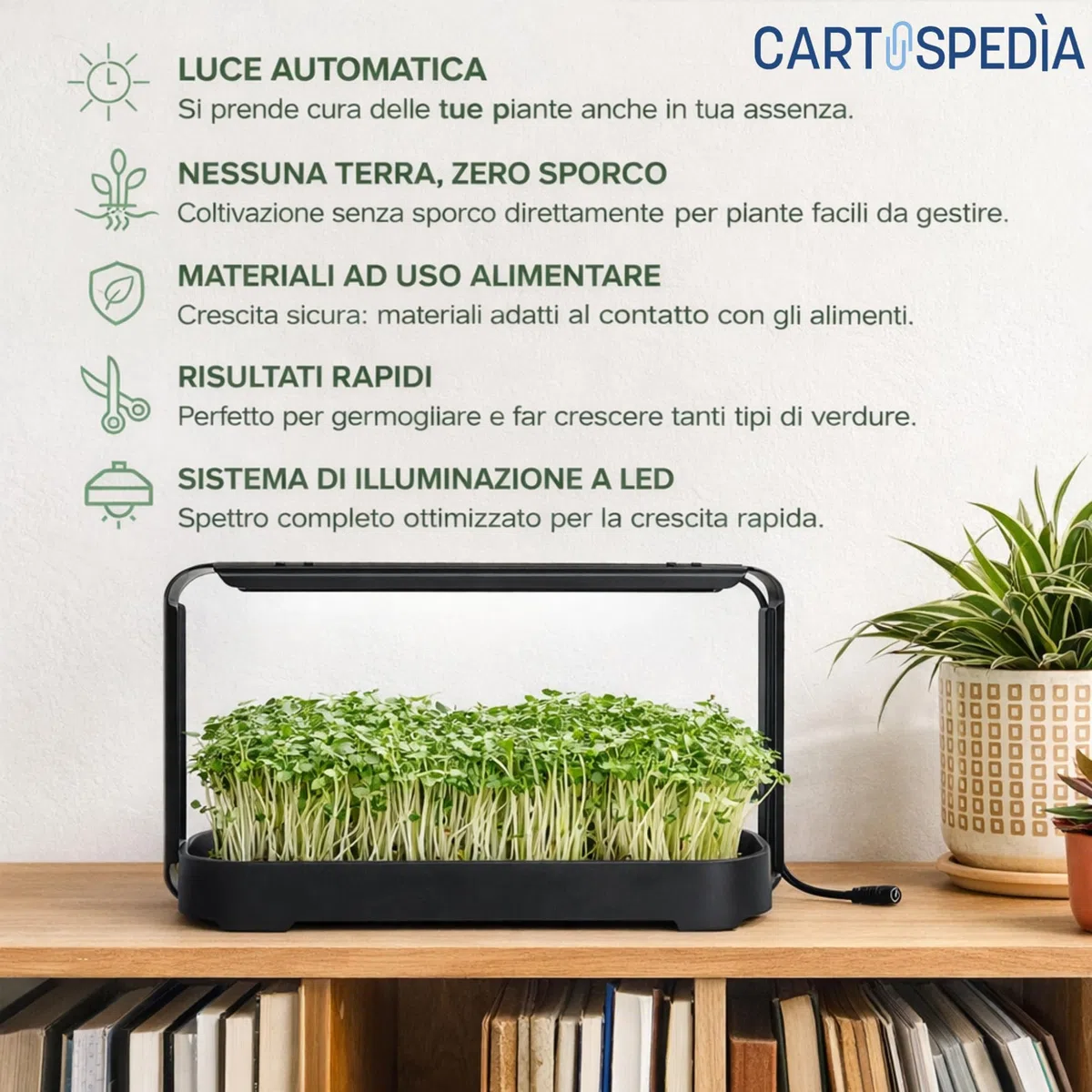 Hydroponiczna mikrozielona wewnętrzna z automatycznym światłem LED 12 h do wzrostu HOMOGENEA - Hydroponiczny zestaw do nawadniania samochodowego z biodegradowalnymi workami - kompaktowa mini szklarnia