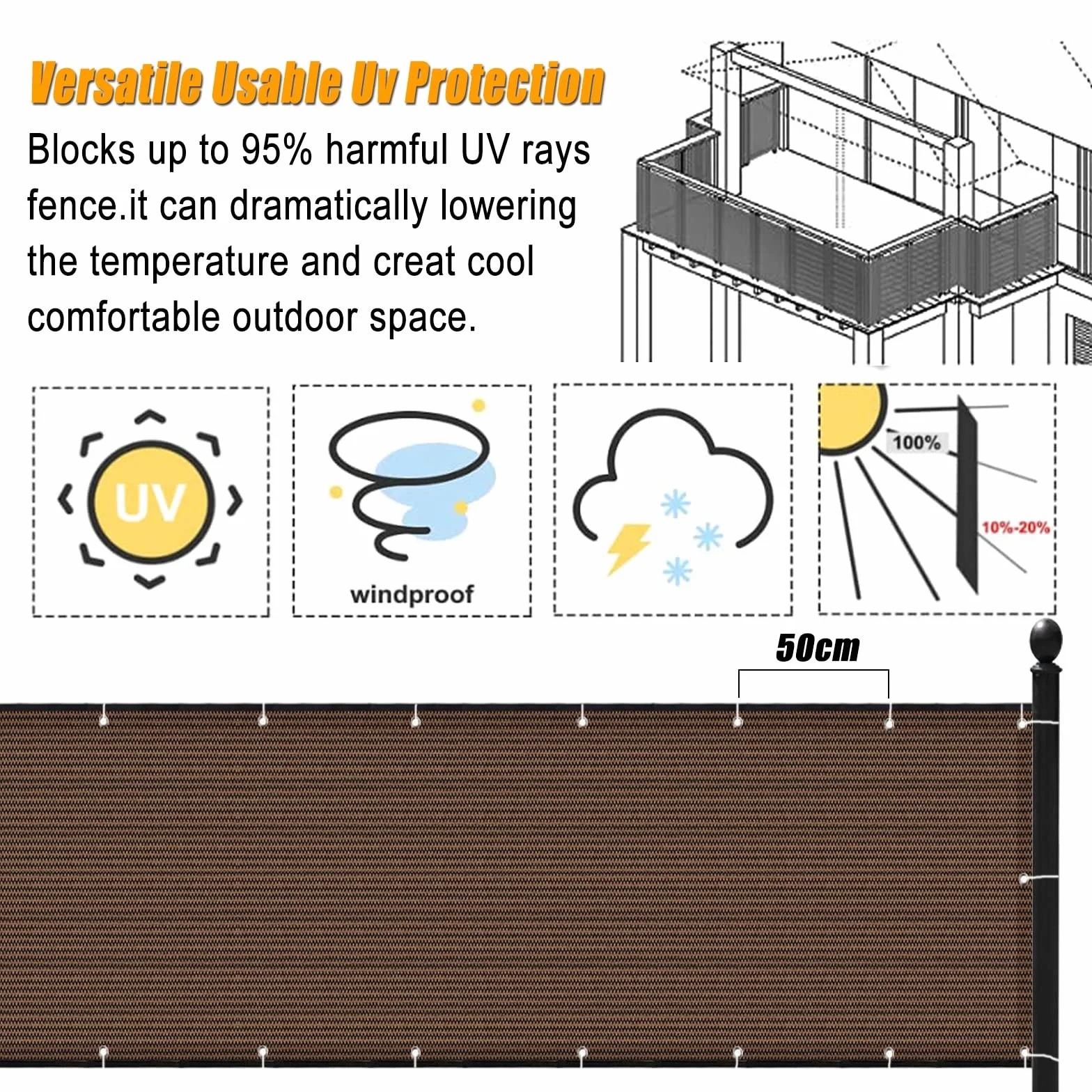 Osłona balkonowa, ochrona przed promieniowaniem UV, HDPE, 220 g/m², na werandę, patio, taras, ochrona przed wzrokiem, żółta, 105 x 700 cm