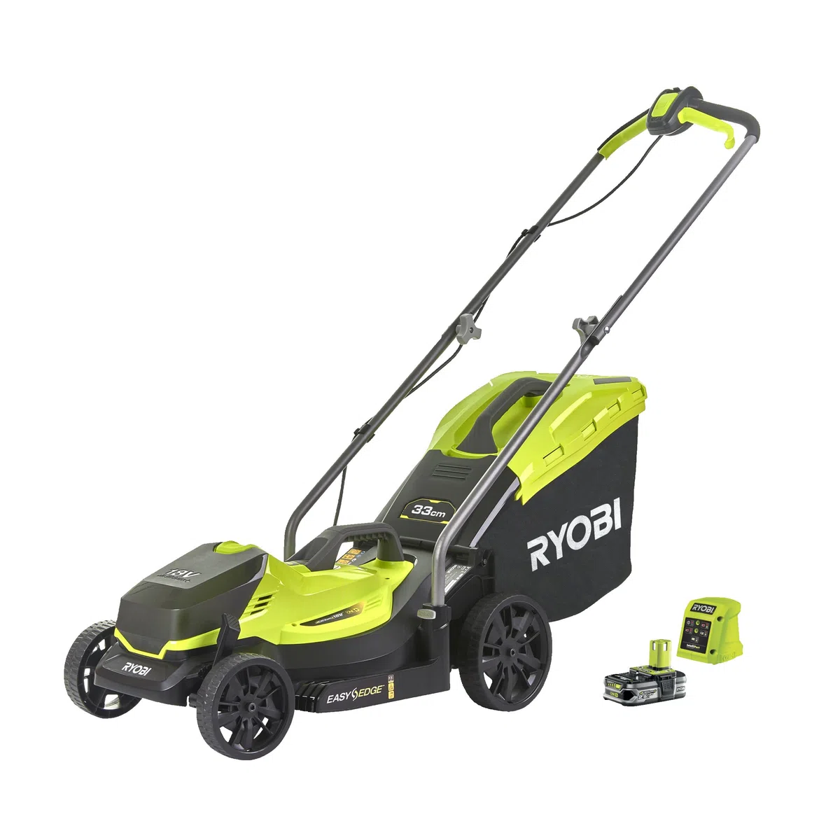 Ryobi RLM18C33B25 kosiarka akumulatorowa (szerokość cięcia 33 cm, regulowana wysokość cięcia, z workiem na trawę 35 l, z akumulatorem i ładowarką)