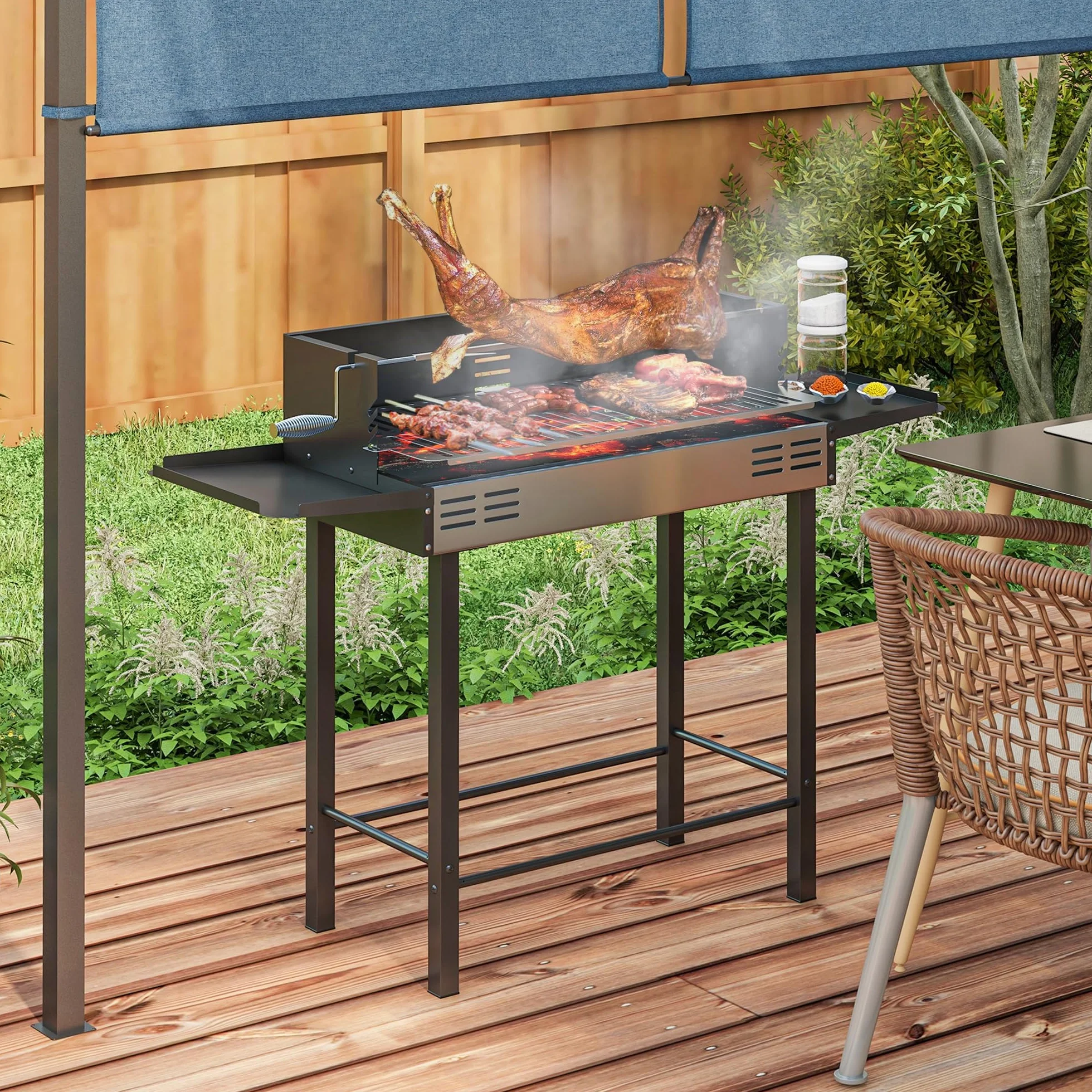 Outsunny Grill na węgiel drzewny, grill kempingowy z rusztem do grillowania i zestawem do rożna, składany, na kemping, do ogrodu, ze stali nierdzewnej + metal, czarny, 118 x 32 x 90 cm