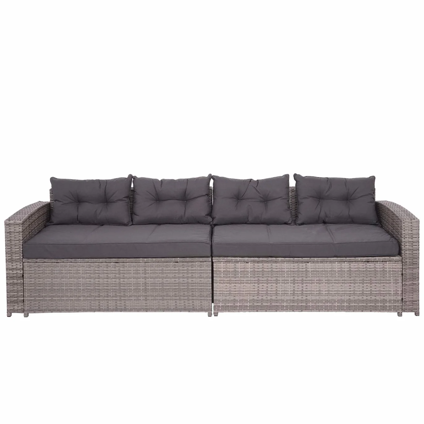 Mendler Zestaw polirattanowy HWC-J34, zestaw balkonowy/ogrodowy/wypoczynkowy, zestaw do siedzenia sofa, schowek - szary, poduszka ciemnoszary