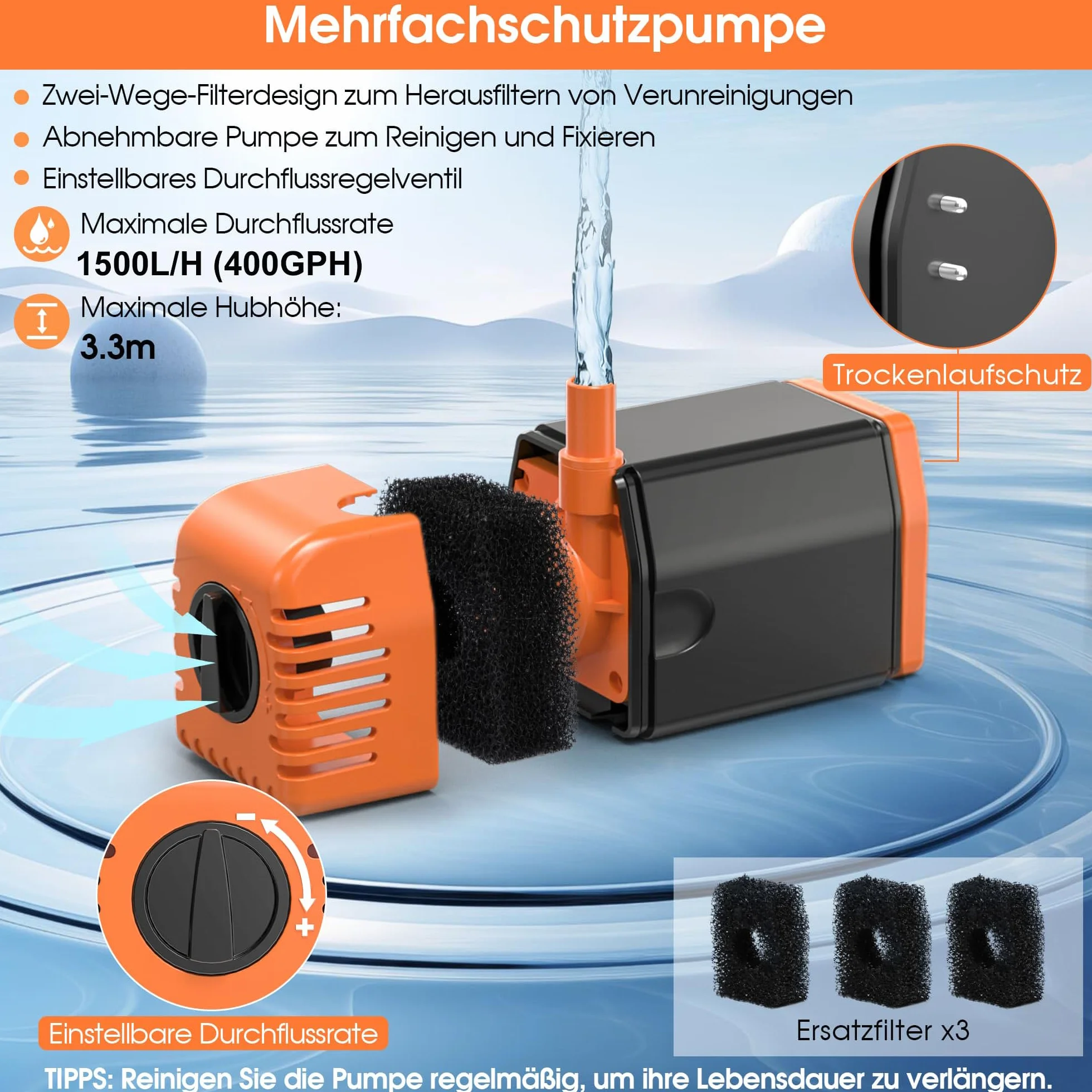Biling Solarna pompa do oczka wodnego 35 W, 1500 l/h, cicha pompa solarna z 4 dyszami, fontanna solarna z wężem do oczek wodnych do 1500 l, fontanna solarna "zrób to sam", poidło dla ptaków, fontanna