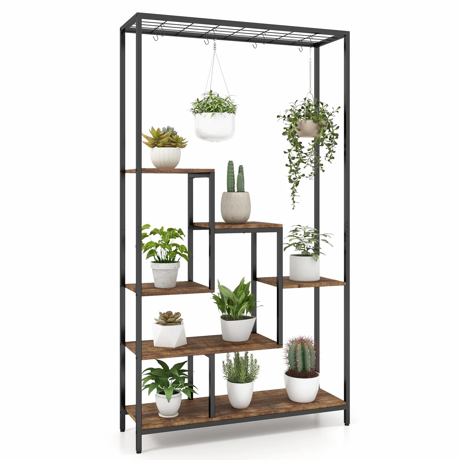 COSTWAY Stojak na rośliny, 6 poziomów, 180 cm, metalowy regał na kwiaty z 10 haczykami w kształcie litery S i półką z kratki, stojak na kwiaty, na balkon, do salonu (rustykalny brąz)