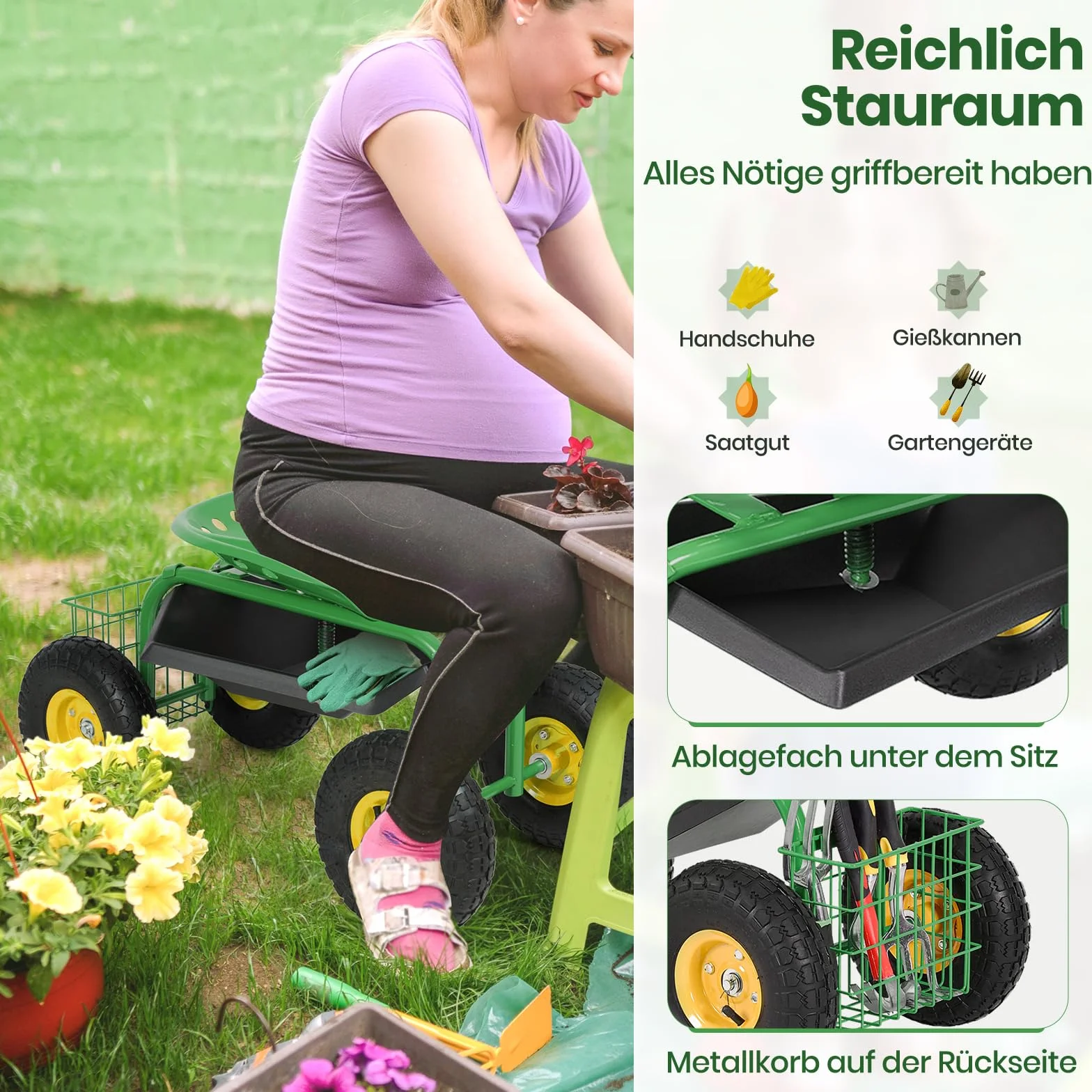 GOPLUS Siedzisko na kółkach do ogrodu, obracane o 360° siedzisko ogrodowe z kółkami i miejscem do przechowywania, regulacja wysokości 46-53 cm, do 130 kg, wózek ogrodowy, siedzisko robocze do prac