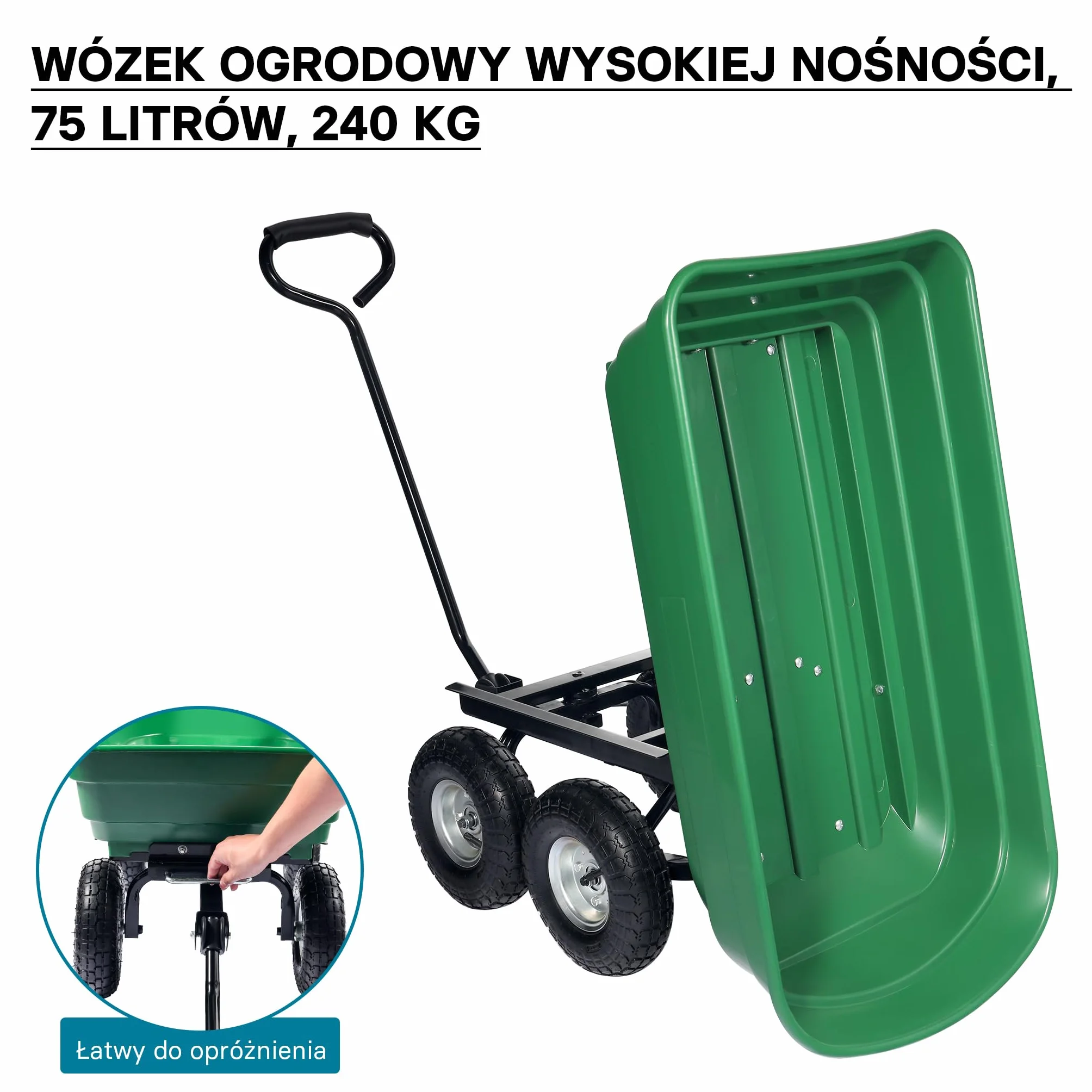 Wiltec Wózek ogrodowy z funkcją pochylenia do 240 kg nośności, wanna plastikowa o pojemności 75 l, wywrotka transportowa na 4 kołach