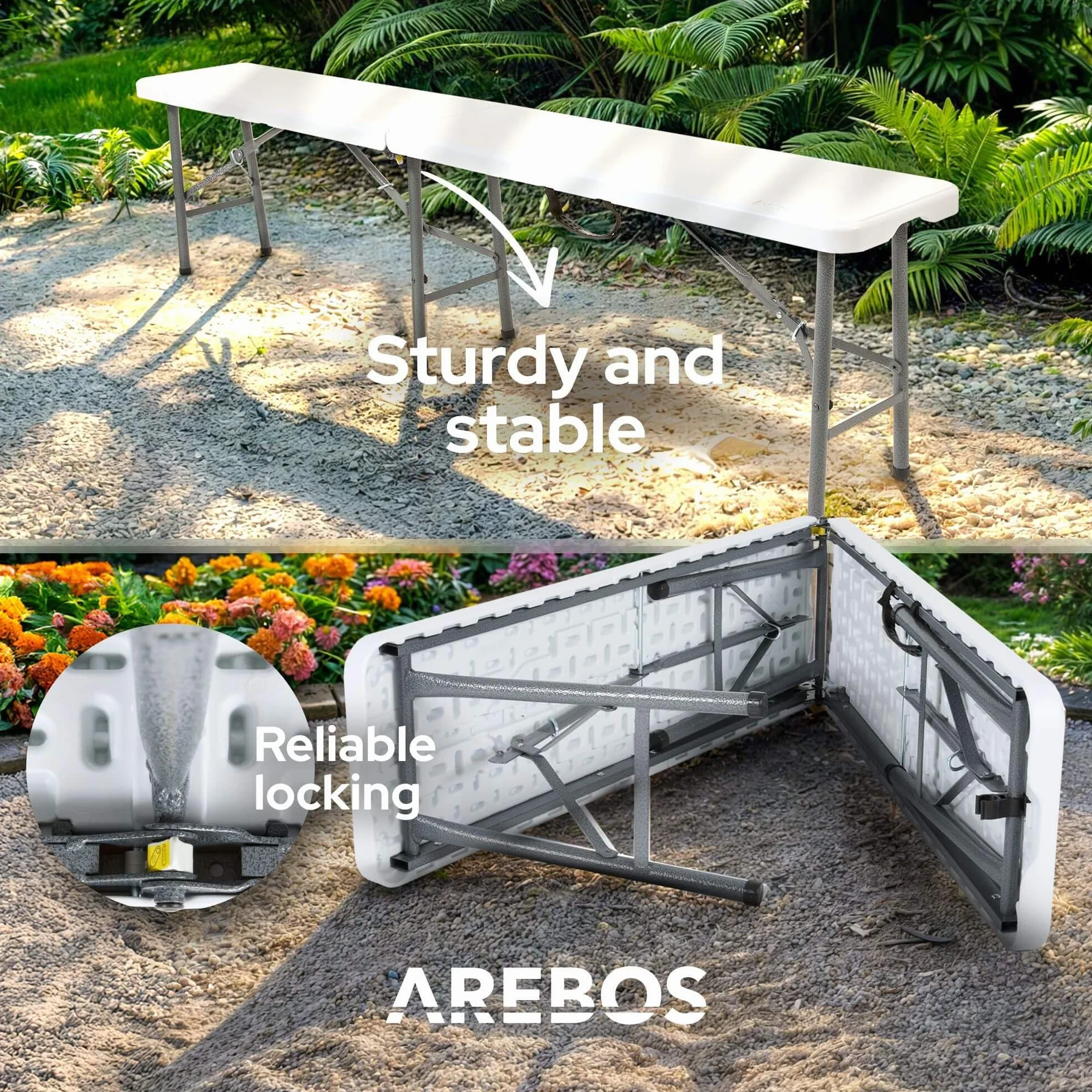 Arebos 2X Składana Ławka Piwna I Uchwyt do Przenoszenia | 183 x 28 x 43 cm Składana Ławka Camping Garden Party Ławka Campingowa Ławka Namiot Piwny, Ławka Ogrodowa, Ławka Zestaw 2 | Biały