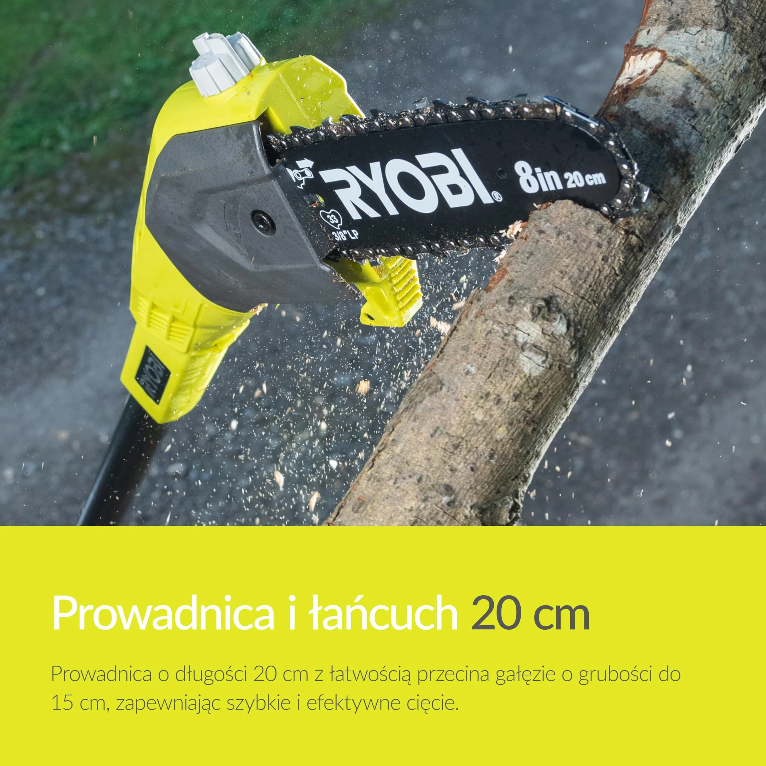 Ryobi Pilarka do Gałęzi 18 V OPP1820 Wysięgnik Długość Prowadnicy 20 cm Regulowana Długość Trzonka 3 m bez Akumulatora