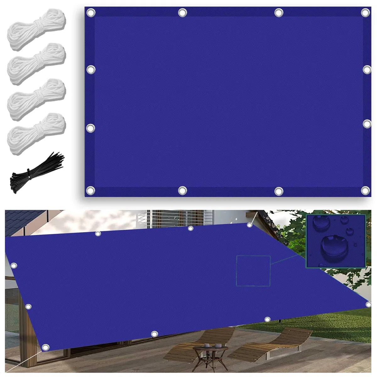 Wodoodporny żagiel przeciwsłoneczny, ochrona przed promieniowaniem UV, prostokątny, z linami i przelotkami, do ogrodu, na balkon, taras, 2,5 x 5 m, do użytku na patio