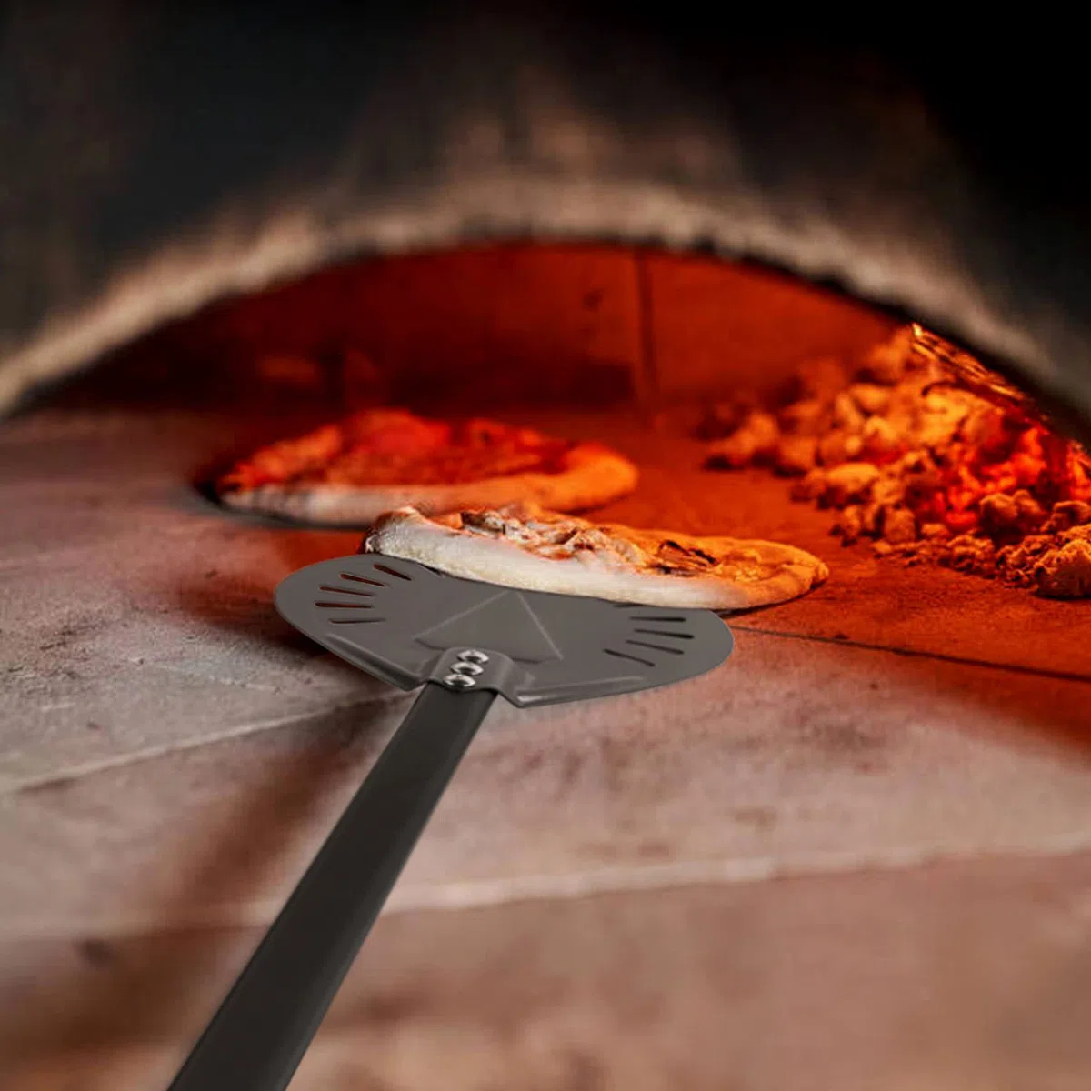 PizzaTurning Peel 25 cm Perforowana peeling do pizzy i pędzel do pizzy, grabie popielate, 4-częściowy zestaw przyborów do piekarnika do pizzy z aluminiowym uchwytem 100 cm