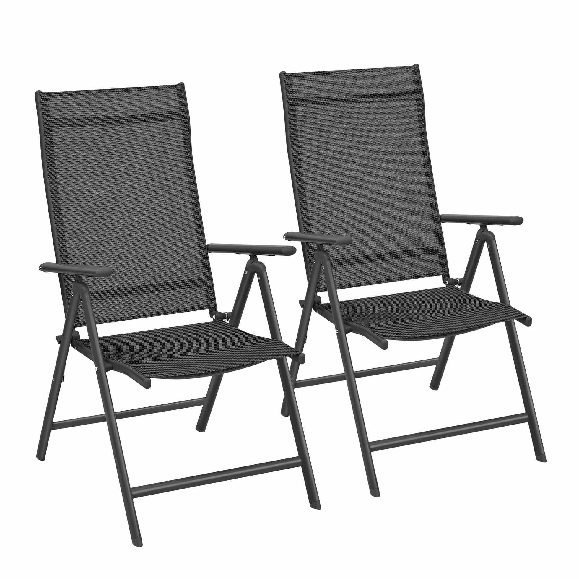 SONGMICS Krzesła ogrodowe, zestaw 2 sztuk, krzesła składane, krzesła outdoorowe z wytrzymałym stelażem aluminiowym, 8-stopniowa regulacja, obciążenie do 120 kg, czarne GCB29BK
