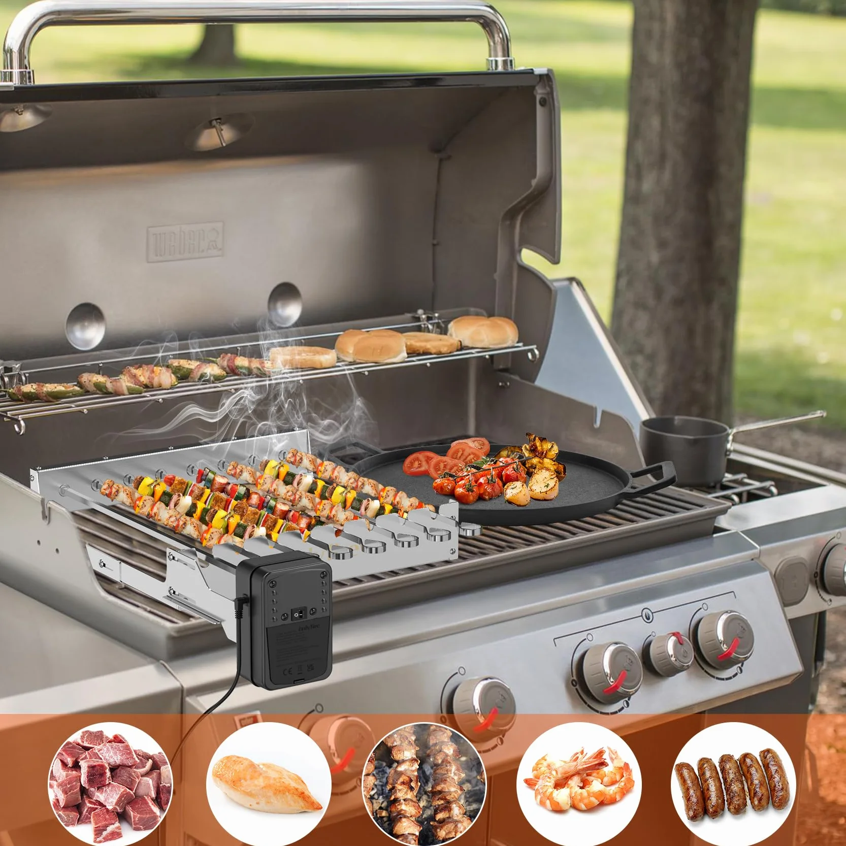 Onlyfire Elektryczny Szpikulca ze Stali Nierdzewnej, Obrotowy Stojak do Grillowania Zestaw Shish Kabob z 7 Szpikulcami i Dwufunkcyjnym Silnikiem Rożna