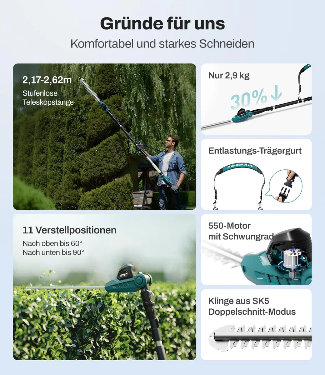 CSL401 akumulatorowe nożyce teleskopowe do żywopłotu, kompatybilne z akumulatorami Makita 18 V, szerokość cięcia 41 cm, odstęp między zębami 16 mm, wysokość do 262 cm, głowica tnąca z 11