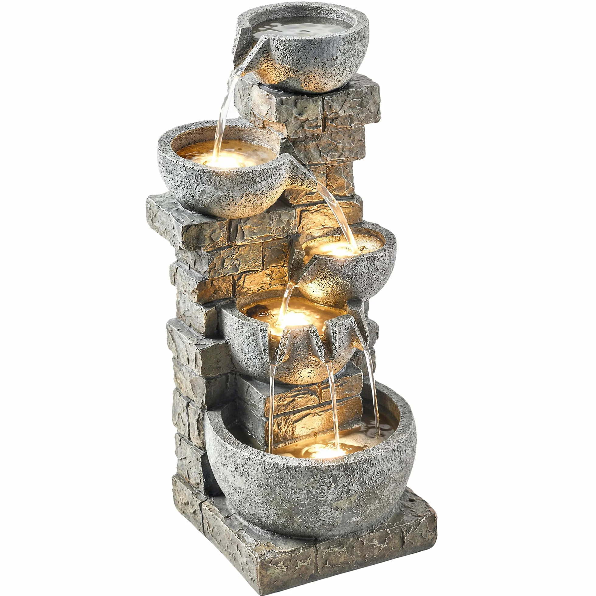 Outsunny Fontanna zewnętrzna z żywicy syntetycznej pięciopiętrowa z oświetleniem LED pompa imitacja kamienia 34 x 36 x 80 cm