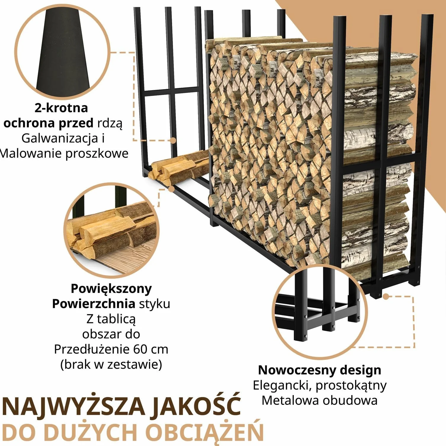 Metalowy regał na drewno kominkowe, 223 × 50 x 115 cm, ocynkowany, do użytku na zewnątrz, do układania drewna opałowego, ogrodu, tarasu, 25 cm, 33 cm, 50 cm, kolor czarny