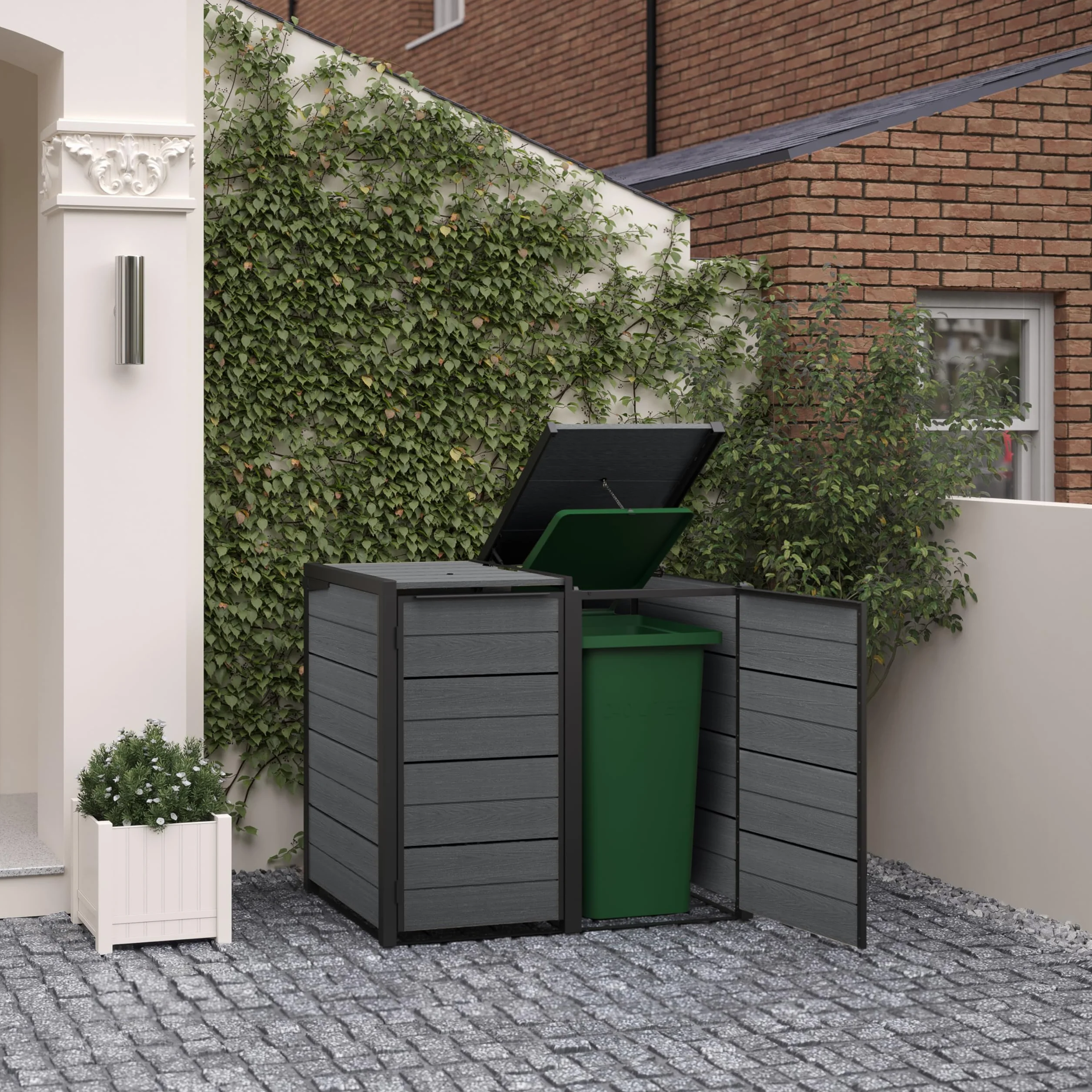 Keter Pojemnik na śmieci Hide Away 2 x 240 l | 138 x 84 x 121 cm | antracyt | pokrywka ze sprężyną gazową | wentylowana | możliwość rozszerzenia