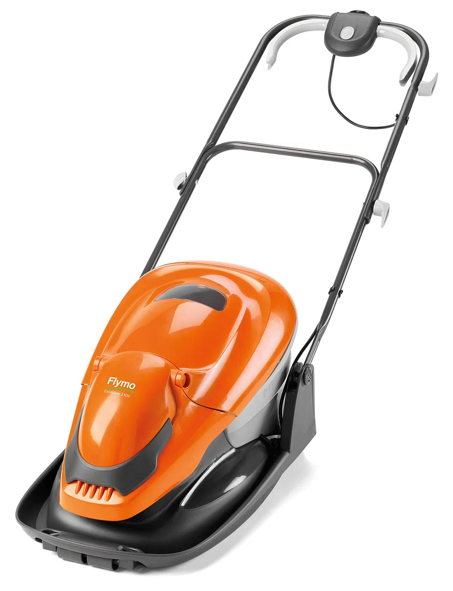 Flymo EasiGlide Hover Collect kosiarka 330 V, silnik 1700 W, szerokość cięcia 33 cm, skrzynka na trawę 20 l, składana na płasko, długość kabla 10 m, pomarańczowa i szara