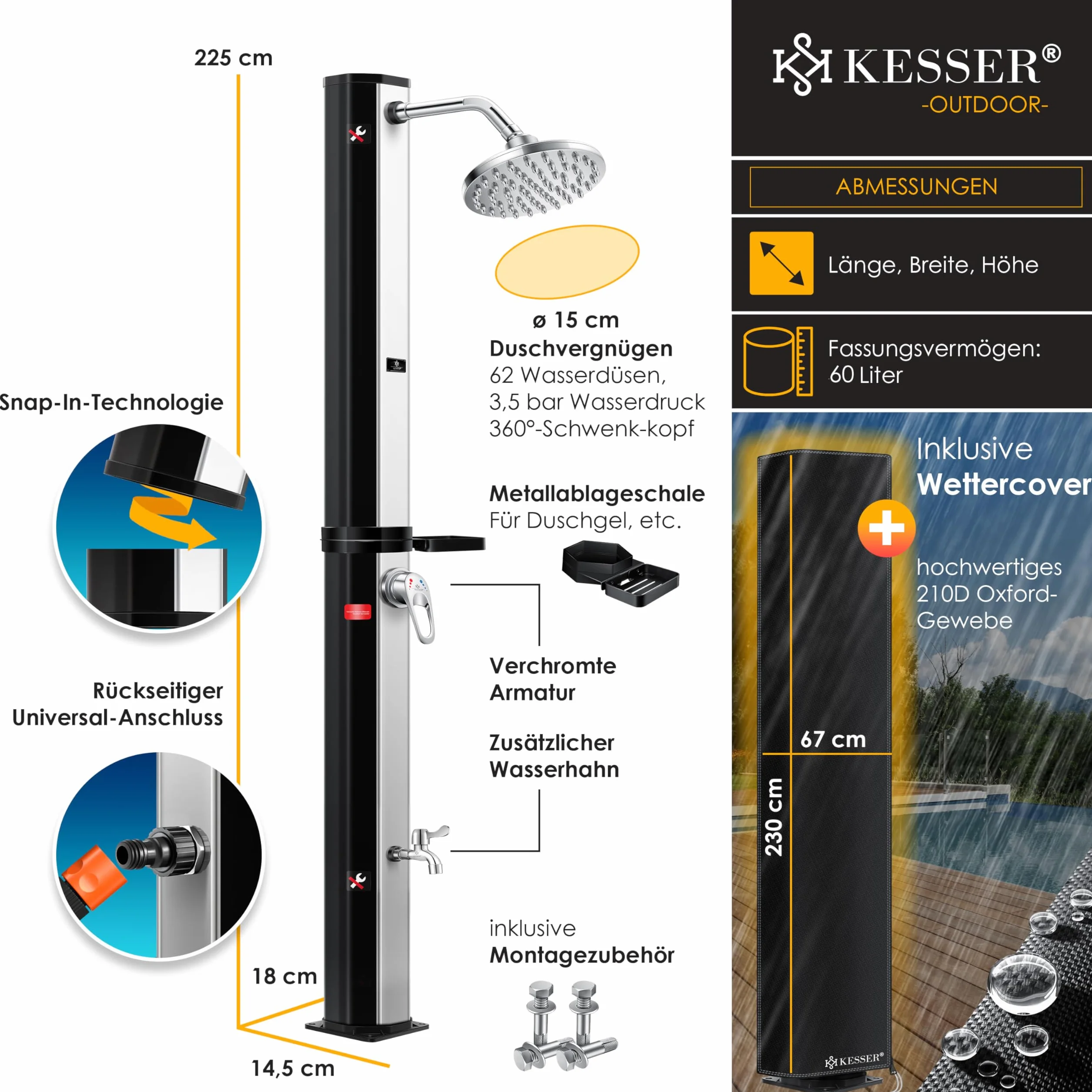 KESSER Prysznic solarny 60 l, ogrodowy z metalową półką, ciepła woda 60 °C, bezprzewodowy, basenowy