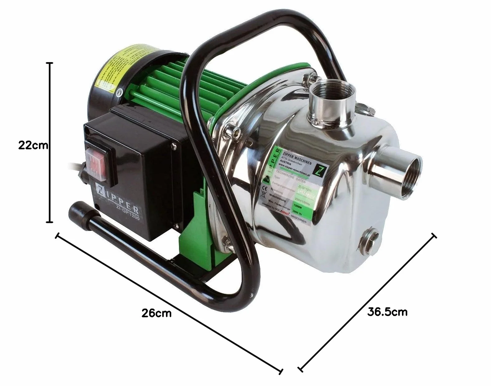 Zipper ZI-GP1200 technologia pompy, 1200 W, 230 V, czarny, zielony, stal szlachetna, 365 x 220 x 260