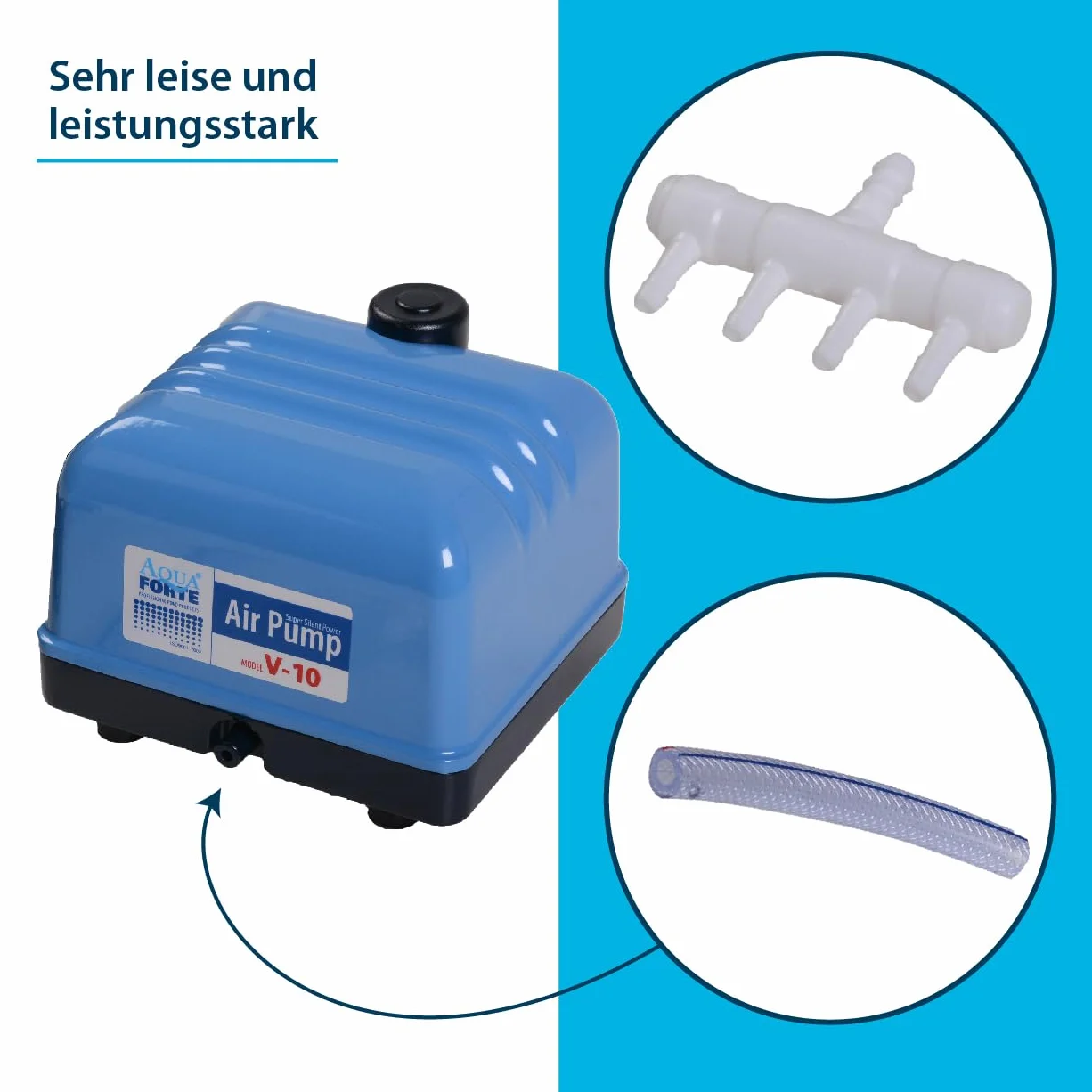 AquaForte Pompa powietrza Hi-Flow V-30, aluminiowa obudowa, cicha i wydajna, moc 25 W, pojemność przy 2 metrach 7 litrów na minutę, maksymalna pojemność stawu 18 m3, bez regulacji