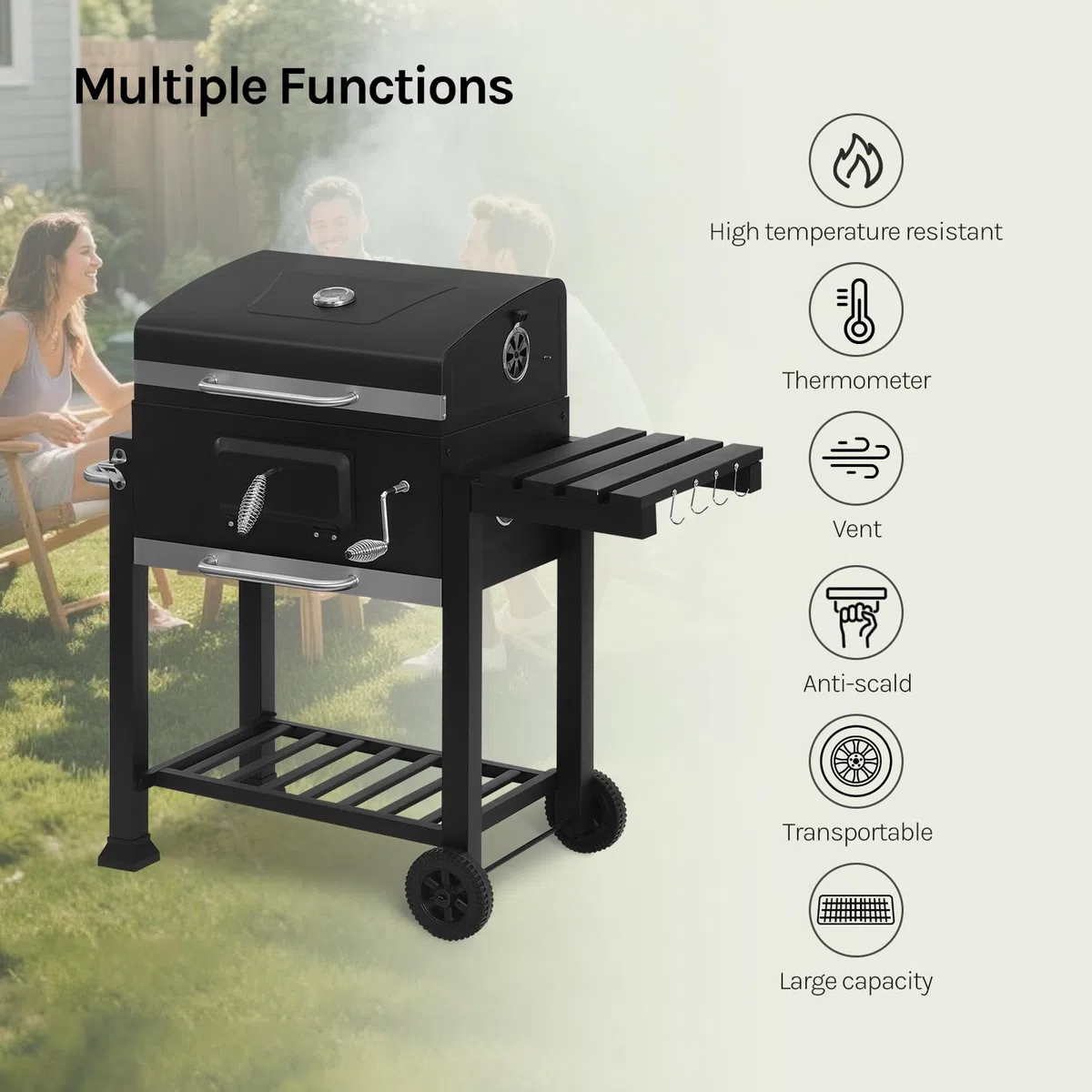 WOLTU grill na węgiel drzewny z pokrywą, duża powierzchnia grilla, regulowana taca na węgiel, grill typu smoker, BBQ z rusztem grillowym, termometrem, wózek grillowy do kempingu, 117 x 107 x 71 cm