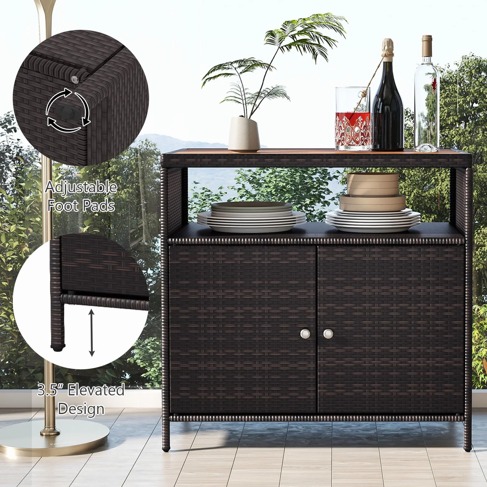 GIANTEX Szafka ogrodowa, rattanowa szafka bufetowa, do użytku na zewnątrz, szafka do przechowywania z blatem roboczym i regałem, szafka pomocnicza do ogrodu, na balkon i basen, 90 x 53 x 86 cm
