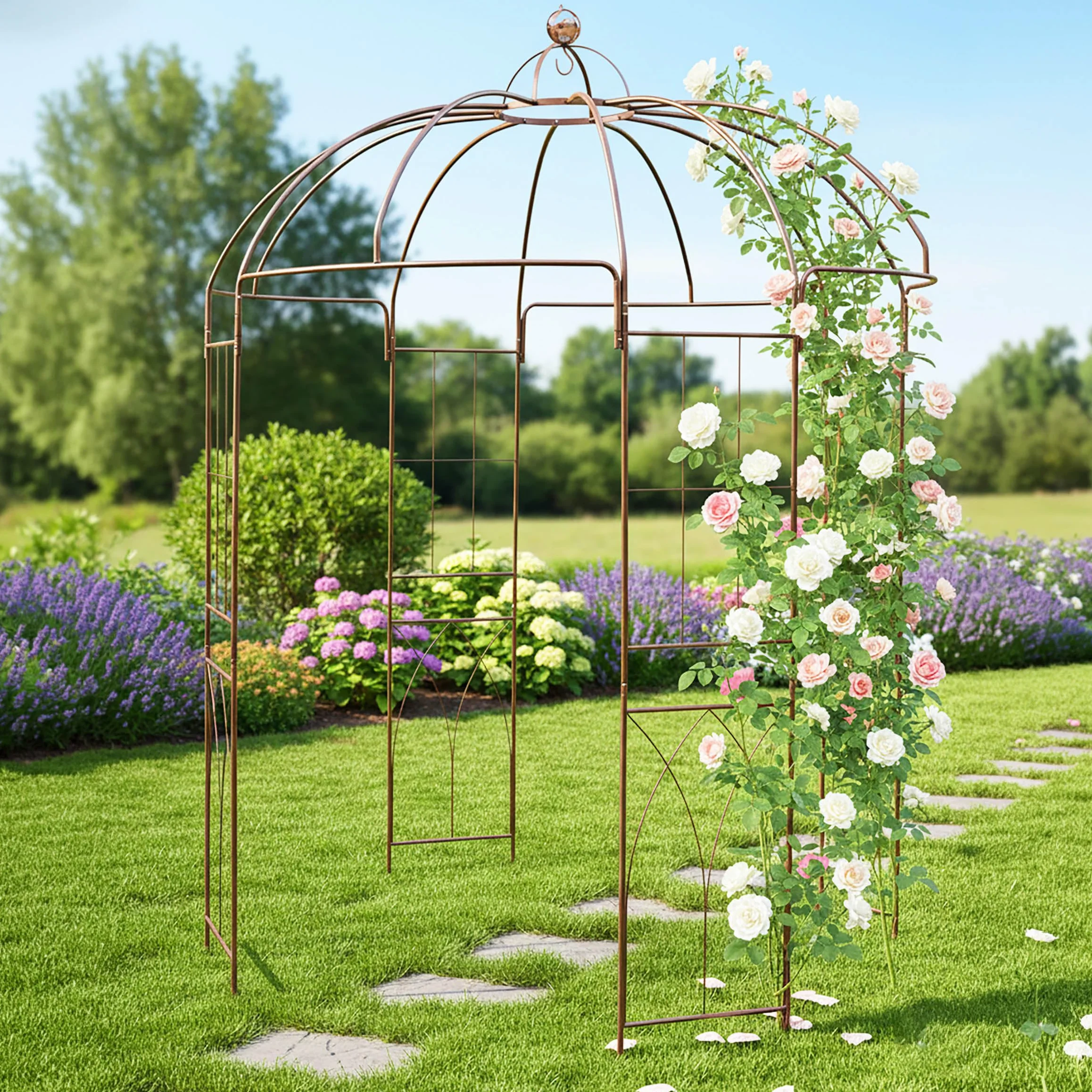 Metalowy pawilon z różami w kolorze rdzawym brązowym – 270 x 200 cm – stalowa kratka dla roślin pnących malowana proszkowo, okrągły pawilon z dużą kopułą, łuk różany, pomoc dla roślin pnących