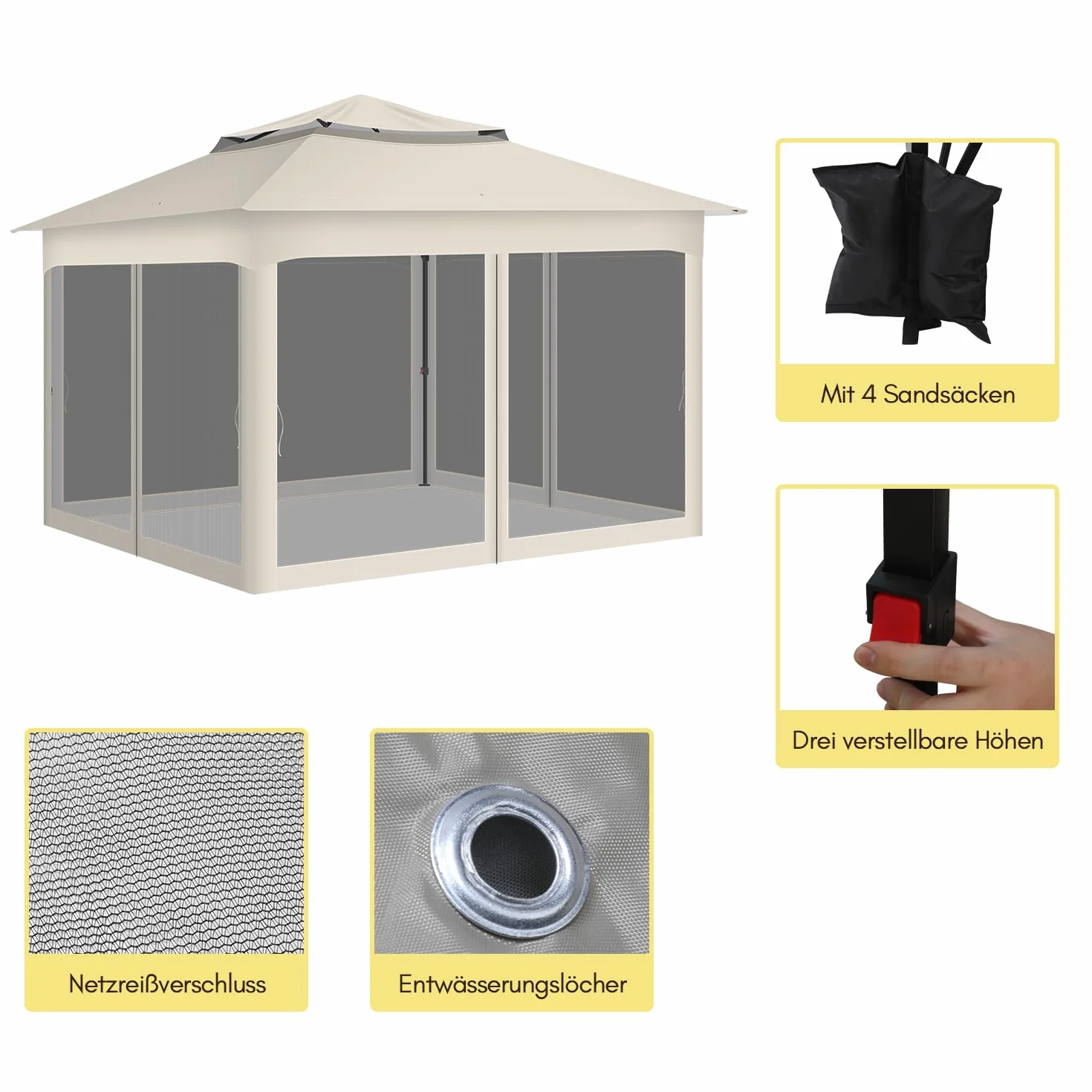 Pawilon 3 x 3 m, wodoodporny stabilny pawilon ogrodowy, pawilon z podwójnym dachem, pawilon z regulowanym podwójnym dachem, pawilon imprezowy z podwójnym dachem, pawilon składany, Beżowy