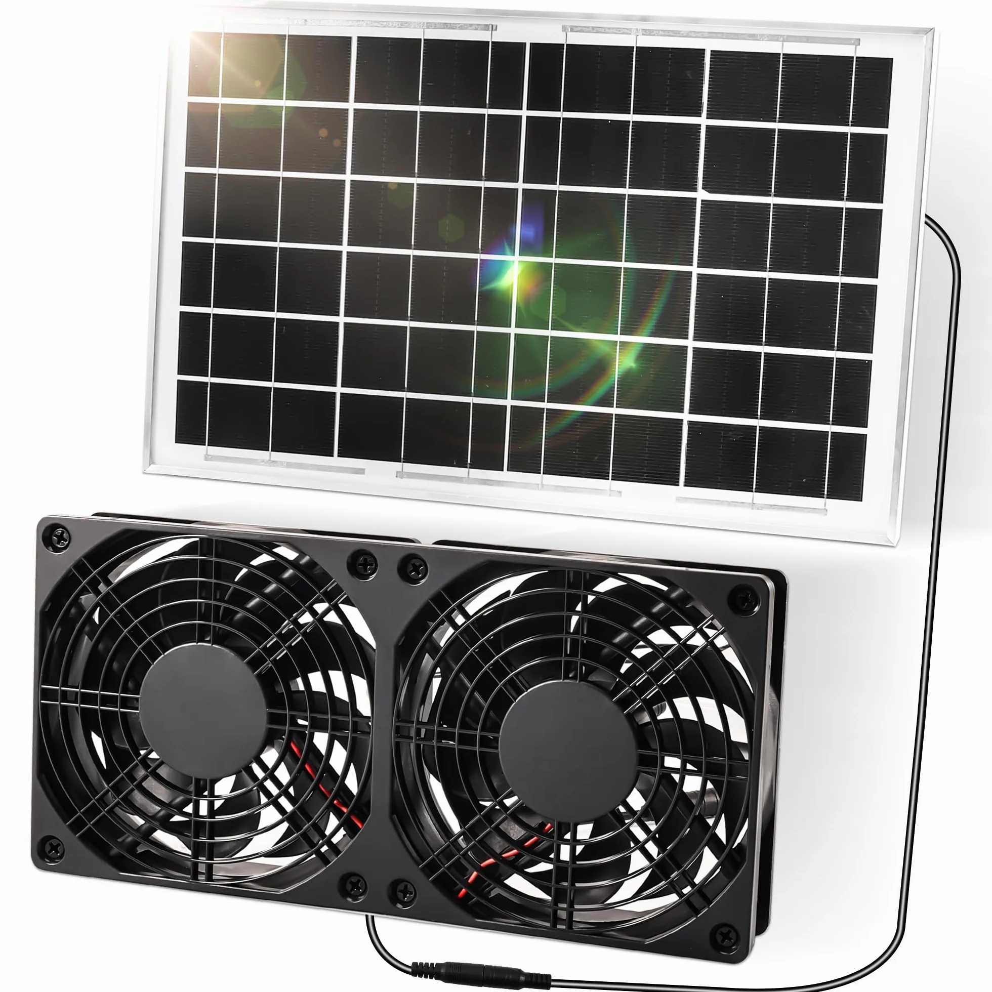 Joycabin Wentylator solarny, zestaw modułu solarnego, 10 W, podwójny wentylator wydechowy, przenośny solarny wentylator wyciągowy do małych kurników, szklarni, domków dla zwierząt domowych, garażu