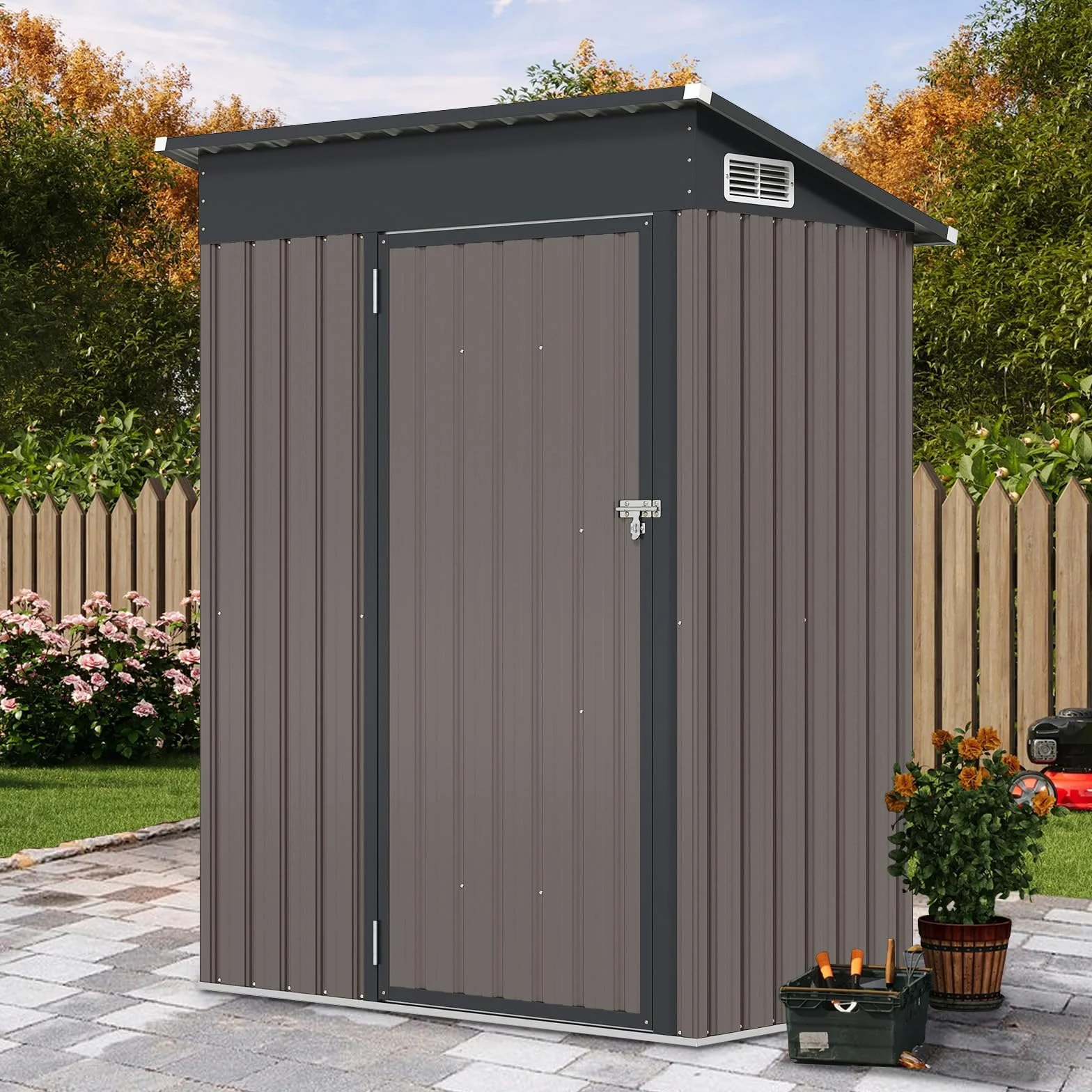 COSTWAY szopa ogrodowa, metalowa, 150 x 90,5 x 185 cm | 1,5 m³, szopa na narzędzia z dachem jednospadowym i drzwiami, szopa na narzędzia z zamkiem, szopa ogrodowa, szopa na narzędziach ogrodowych na