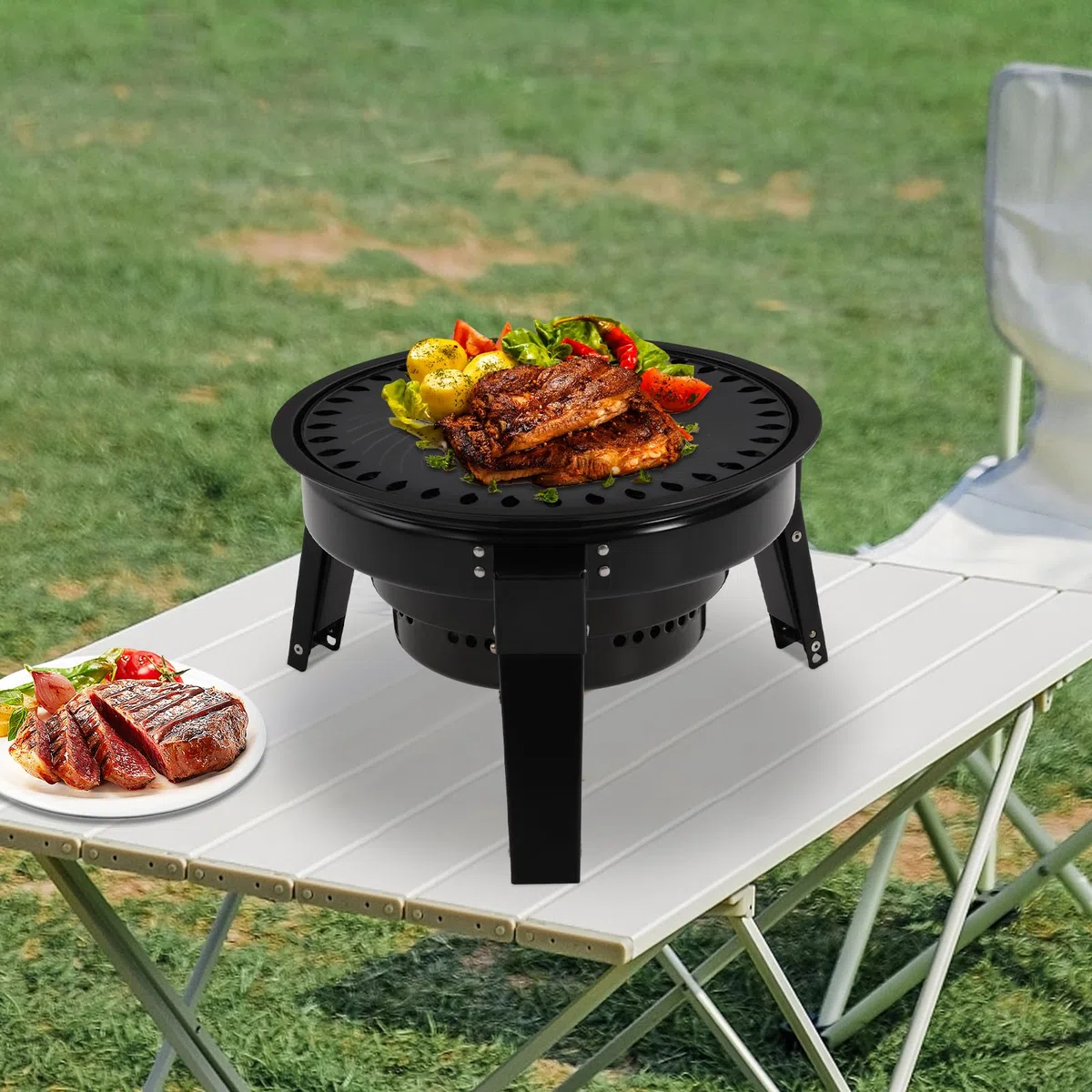 Przenośny grill na węgiel drzewny z 3 nogami, składany grill z regulacją wysokości, grill kempingowy dla 3-6 osób, z akcesoriami do grillowania i torbą do przenoszenia, do ogrodu, na piknik, imprezy
