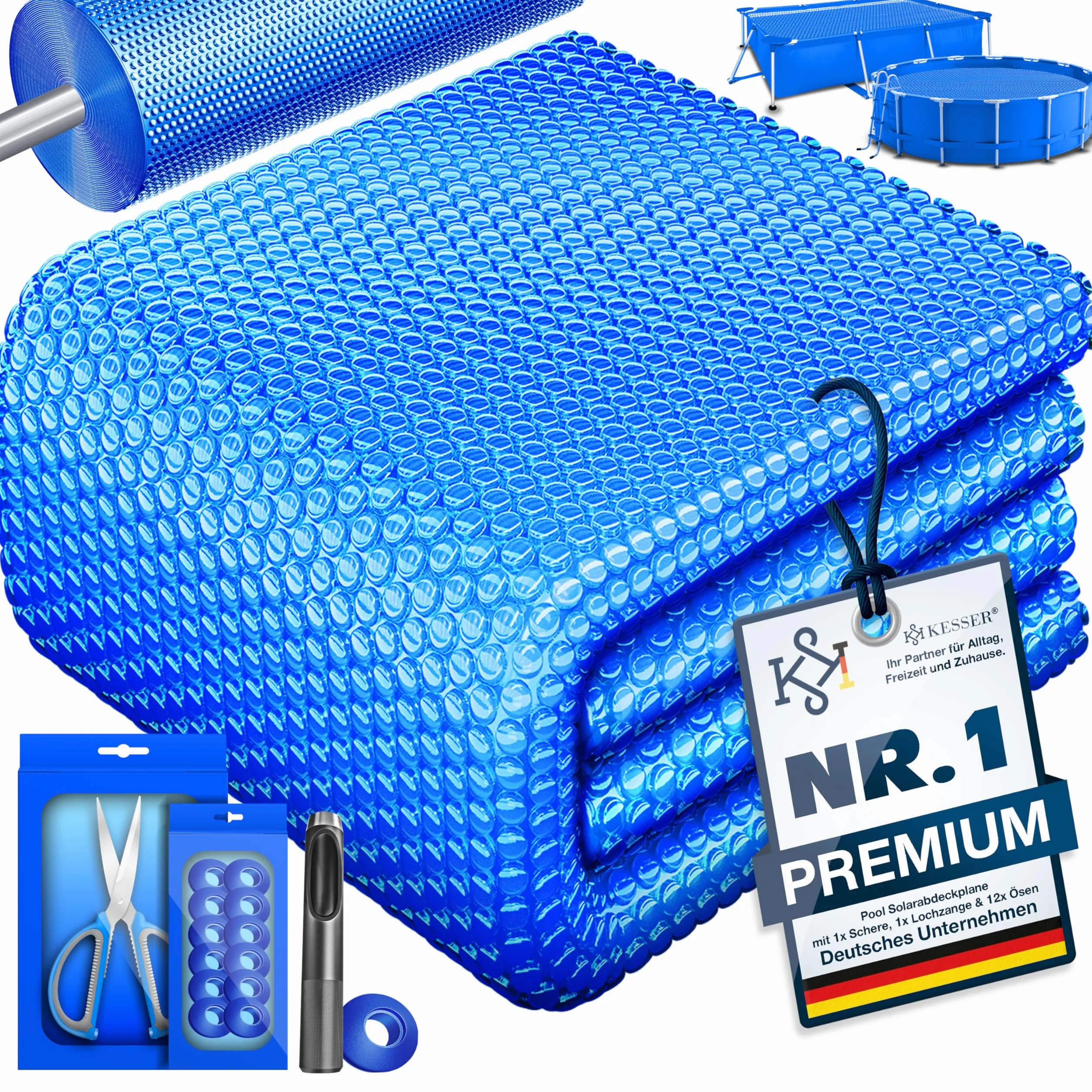 KESSER® Plandeka solarna do basenu, okrągła, Ø 457 cm, folia solarna o grubości 120 µm, plandeka solarna z możliwością przycięcia, folia solarna do podgrzewania wody