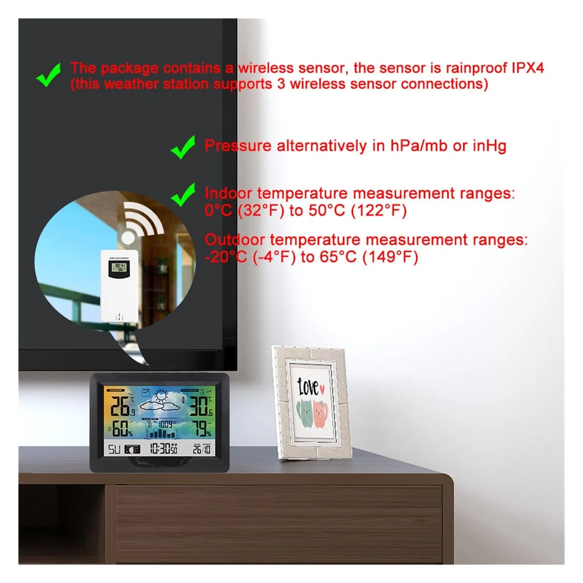 Cyfrowa Stacja Pogodowa Budzik Elektroniczny Termometr Higrometr Barometr Bezprzewodowy Czujnik Zewnętrzny Wystrój Domu DokłAdne I łAtwe Do Odczytania(Sensor 1)