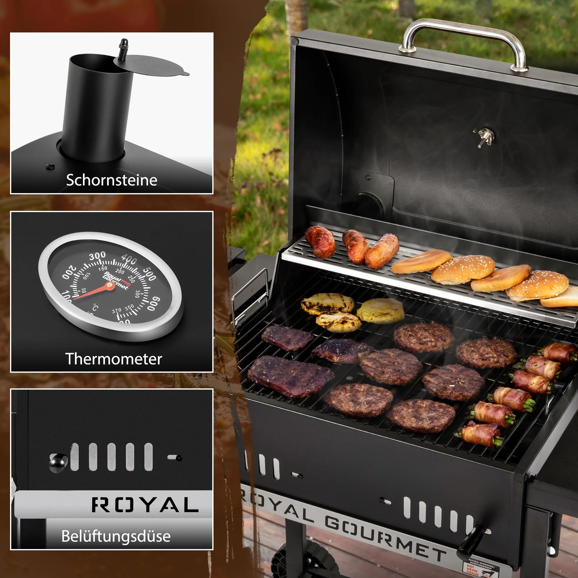 Royal Gourmet Grill na węgiel drzewny, grill na kółkach ze składanymi półkami bocznymi, grill stojący z Decekl, termometr, grill węglowy, czarny