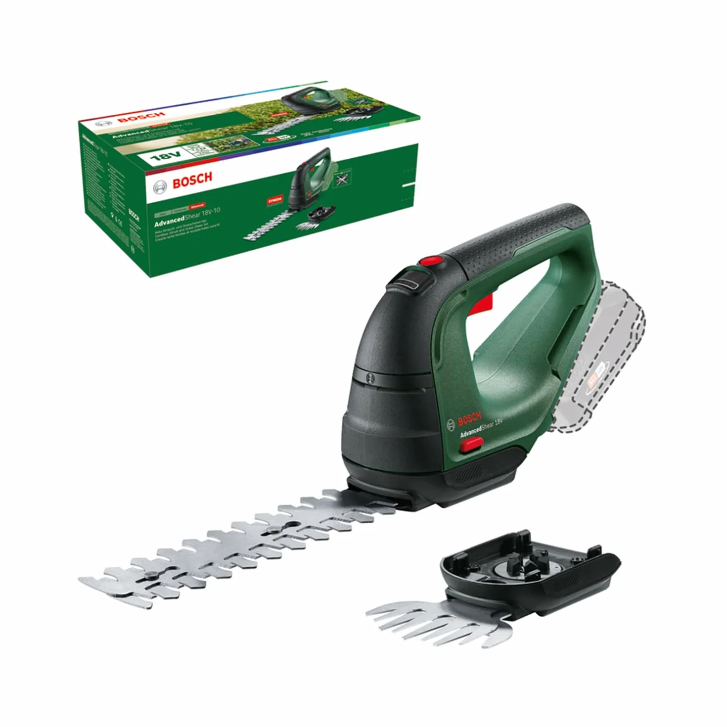 Nożyce do trawy Bosch AdvancedShear 18V-10 (bez akumulatora, system 18 V, ścinają do 85 m² po jednym naładowaniu akumulatora, z ostrzami do trawy i krzewów, w kartonowym opakowaniu)