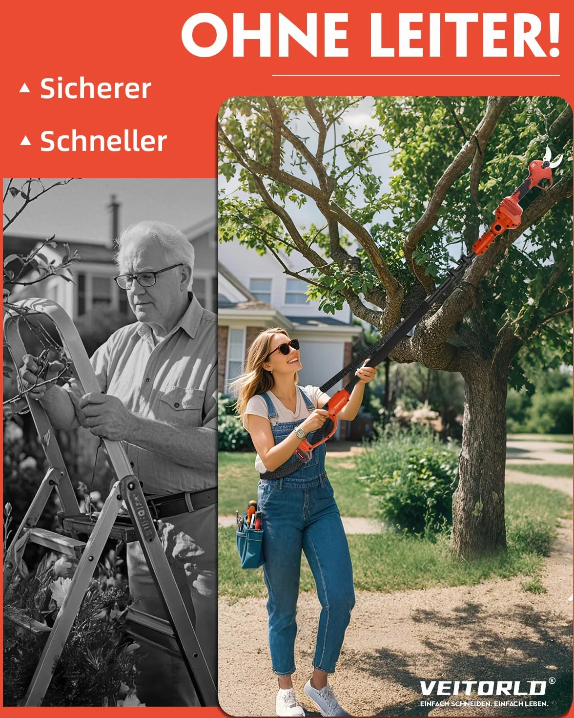 Veitorld Teleskopowe sekatory do gałęzi, akumulator 40 mm, sekator z odpinanym drążkiem teleskopowym (130-245 cm), bezszczotkowy silnik, nożyce dwupasowe 2000 mAh, do gałęzi, prezenty dla mężczyzn