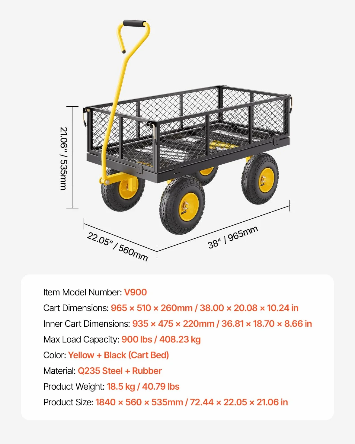 VEVOR Wózek ogrodowy 408 kg, wytrzymały stalowy wózek ogrodowy, wózek ogrodowy na kółkach, metalowe wózki użytkowe z oponami 25 cm i zdejmowanymi bokami z siatki (przekształcony w platformę) i