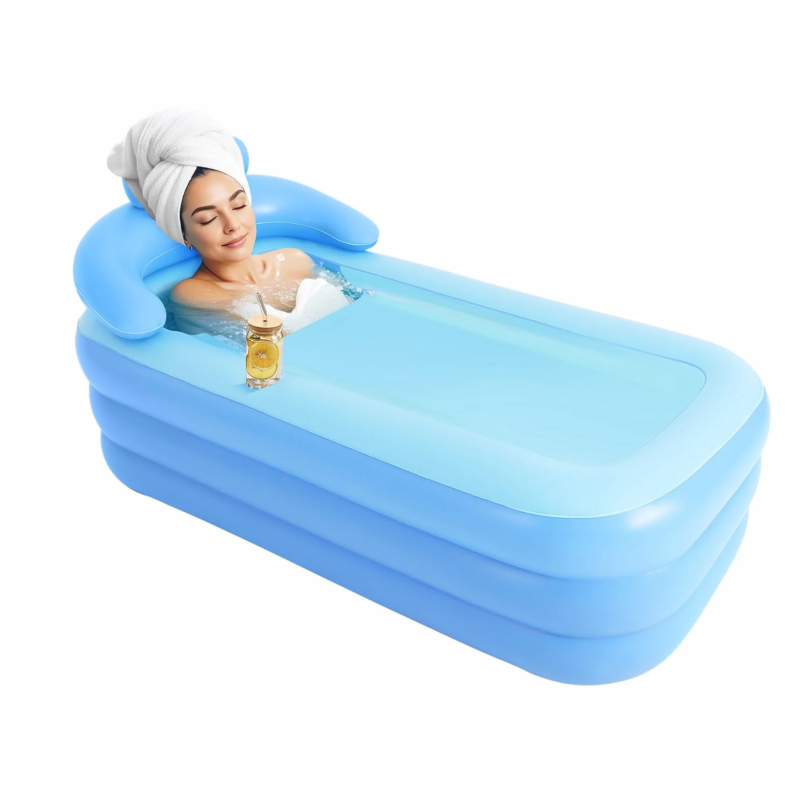 Dmuchana wanna dla dorosłych, XL składana wanna z ergonomicznym oparciem i pokrywą – przenośna wanna spa do kąpieli lodowej, na balkon, do ogrodu, w zestawie poduszka do siedzenia (160 x 84 x 64 cm)