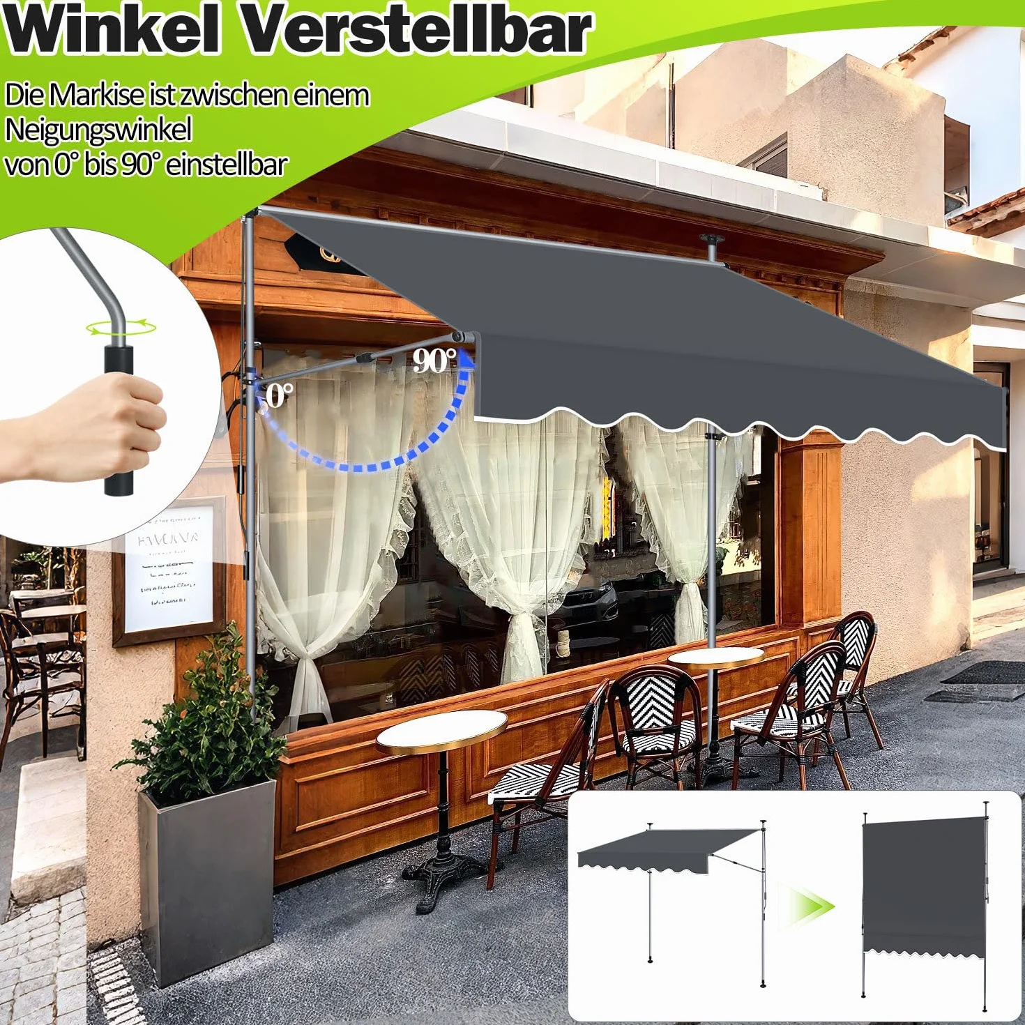 Markiza zaciskowa o szerokości 350 cm, balkonowa, bez wiercenia, regulacja wysokości 214-305 cm, ochrona przed słońcem na balkon, wysuwana do 150 cm, z poliestru 180 g/m², UV50+, antracytowa