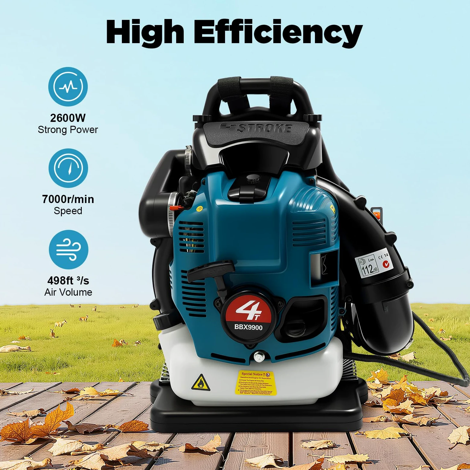 Benzynowa dmuchawa do liści, 4-suwowa, odkurzacz ogrodowy, dmuchawa 75,6 cc o mocy silnika 2600 W i zbiorniku 1,9 l, zmienna prędkość obrotowa, chłodzony powietrzem wypychacz liści z dyszami,