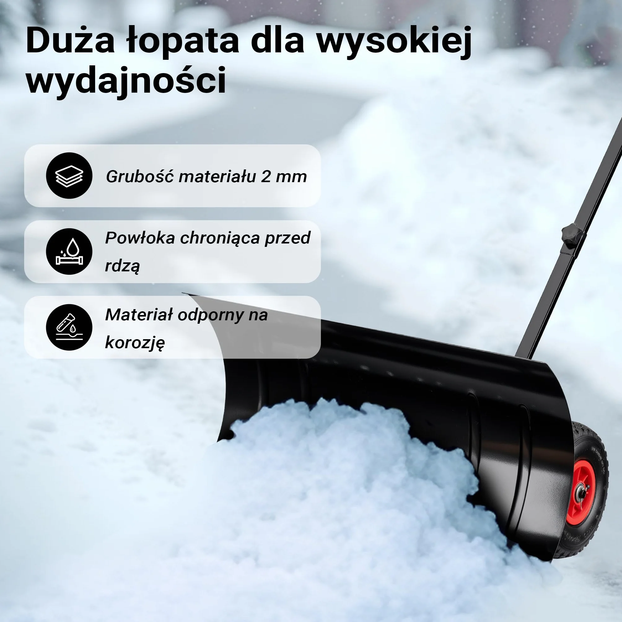 Wiltec Łopata do śniegu o wymiarach 74 x 43 cm ze stali, łopatka na kołach pneumatycznych 10″ z ruchomym kijem, szufla do odśnieżania