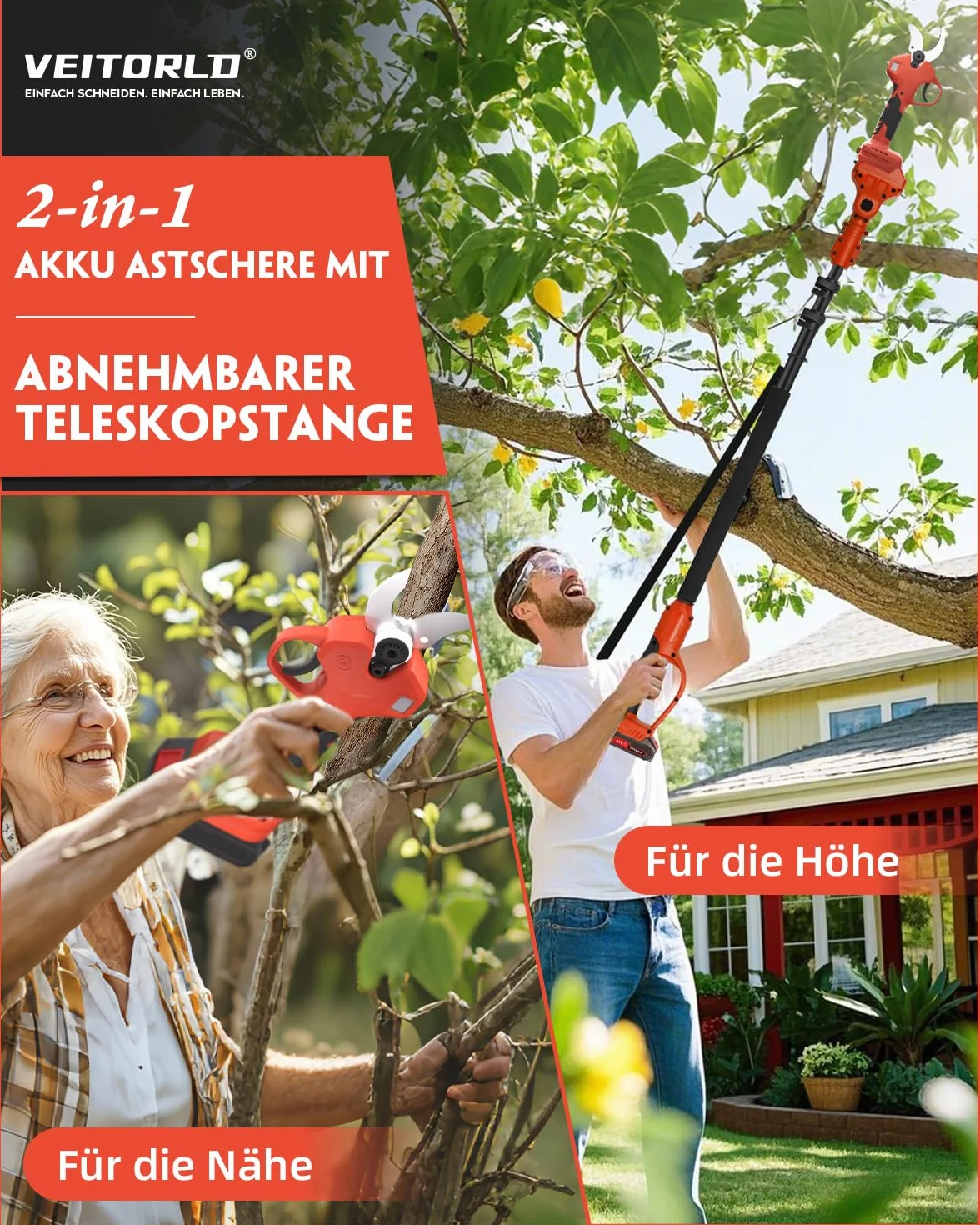 Veitorld Teleskopowe sekatory do gałęzi, akumulator 40 mm, sekator z odpinanym drążkiem teleskopowym (130-245 cm), bezszczotkowy silnik, nożyce dwupasowe 2000 mAh, do gałęzi, prezenty dla mężczyzn