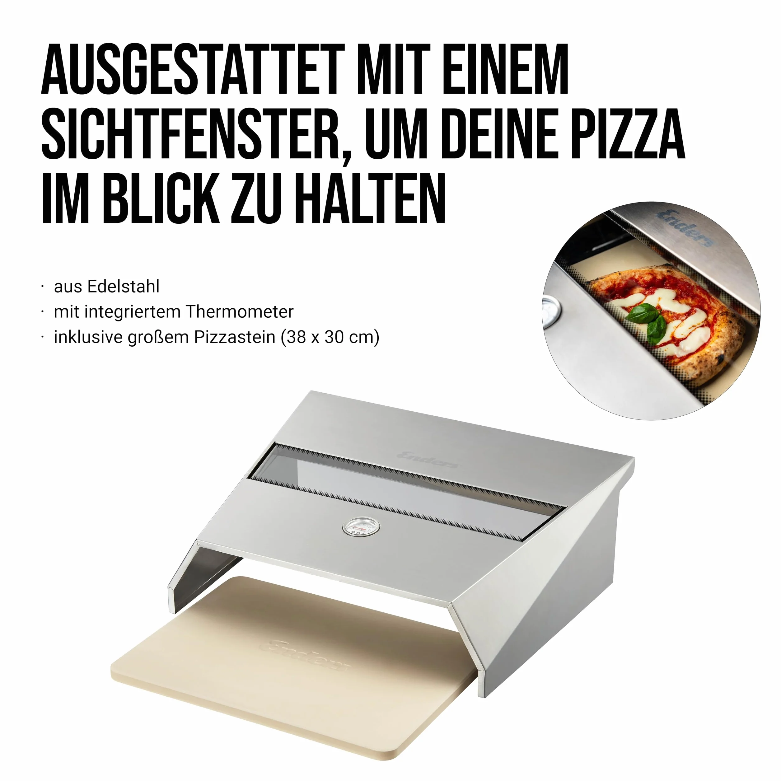 Enders Osłona do pizzy Turbo do grilla gazowego z palnikiem tylnym, kamień do pizzy 38 cm x 30 cm, termometr