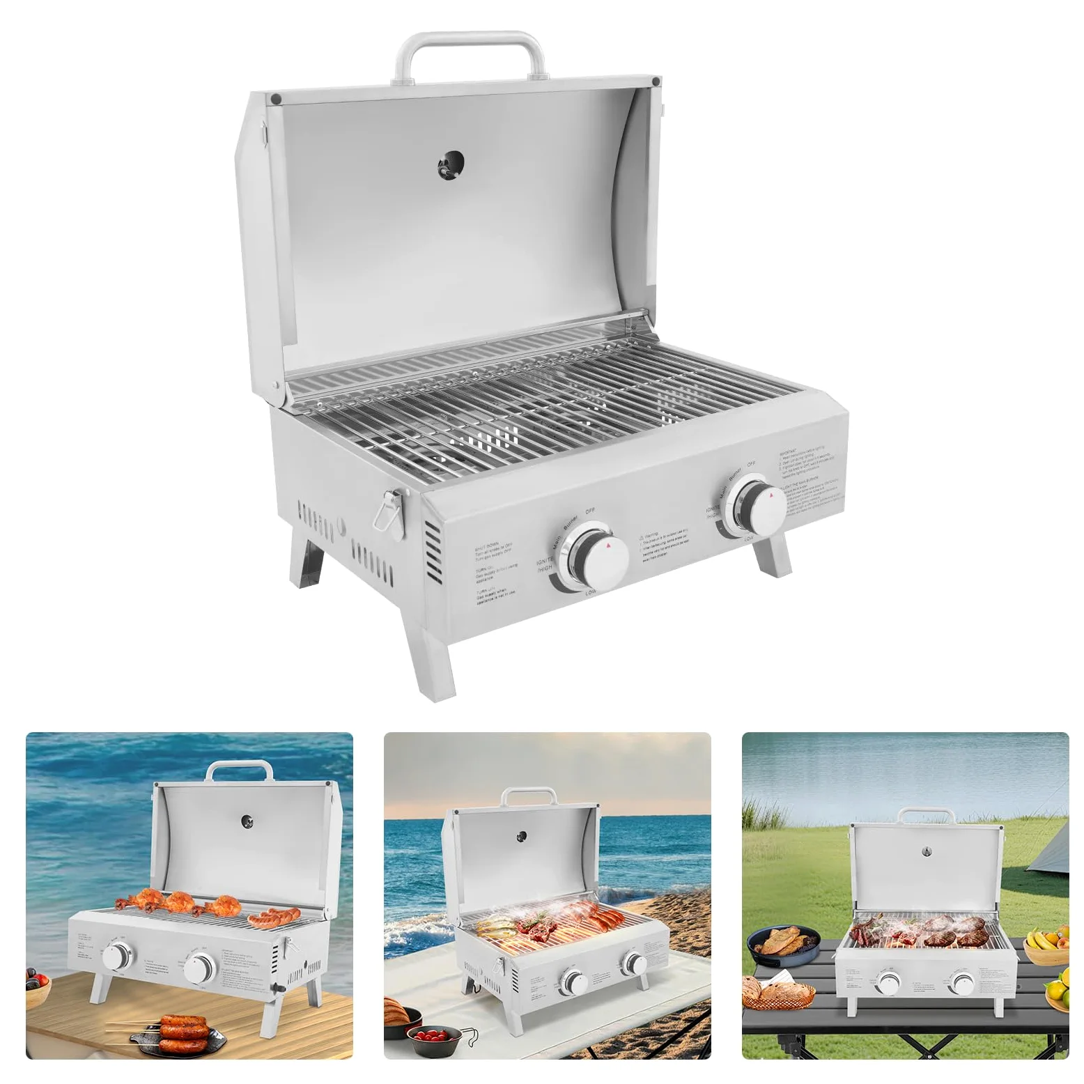 Gastro grill gazowy, grill gazowy, do pieczenia kiełbasy, stołowy, grill gazowy z 2 palnikami – ruszt do grillowania ze stali nierdzewnej 55 x 45 cm, składany i przenośny, w zestawie kamień do pizzy i