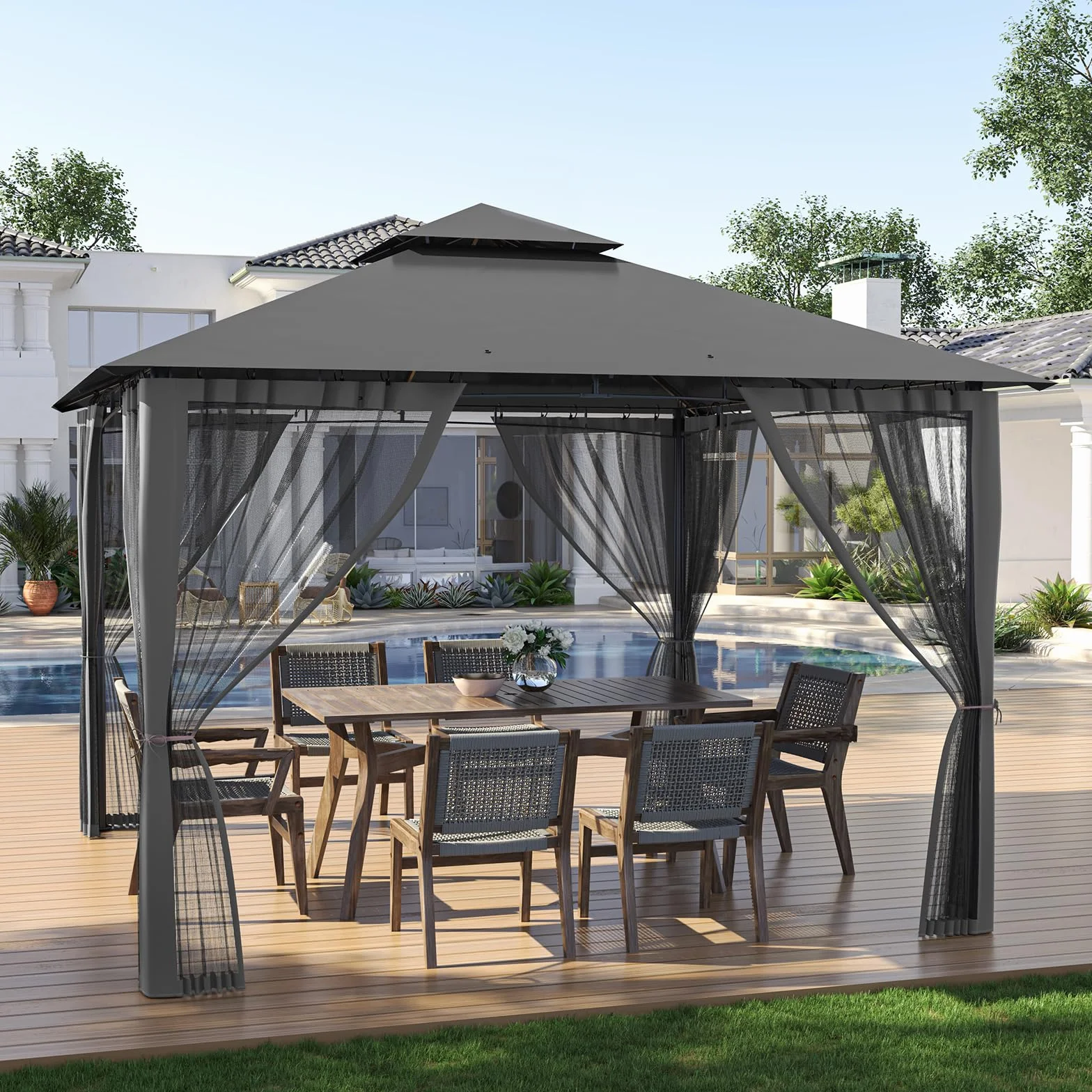 Amopatio Pawilon ogrodowy 2,8 x 2,8 m wodoszczelny podwójny dach z moskitierą Deluxe Patio Gazebo namiot imprezowy altana ogrodowa